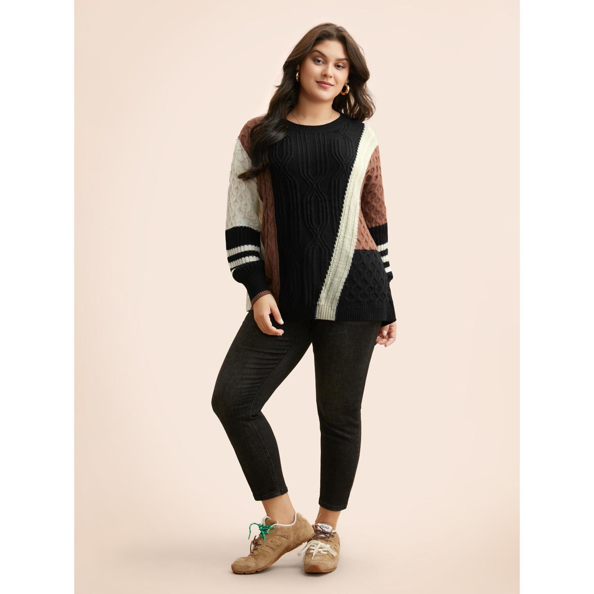 Plus Size Contrast Patchwork Cable Knit Pullover Black Women Casual Loose Long Sleeve Round Neck Everyday Pullovers BloomChic 18-20/2X Product Image