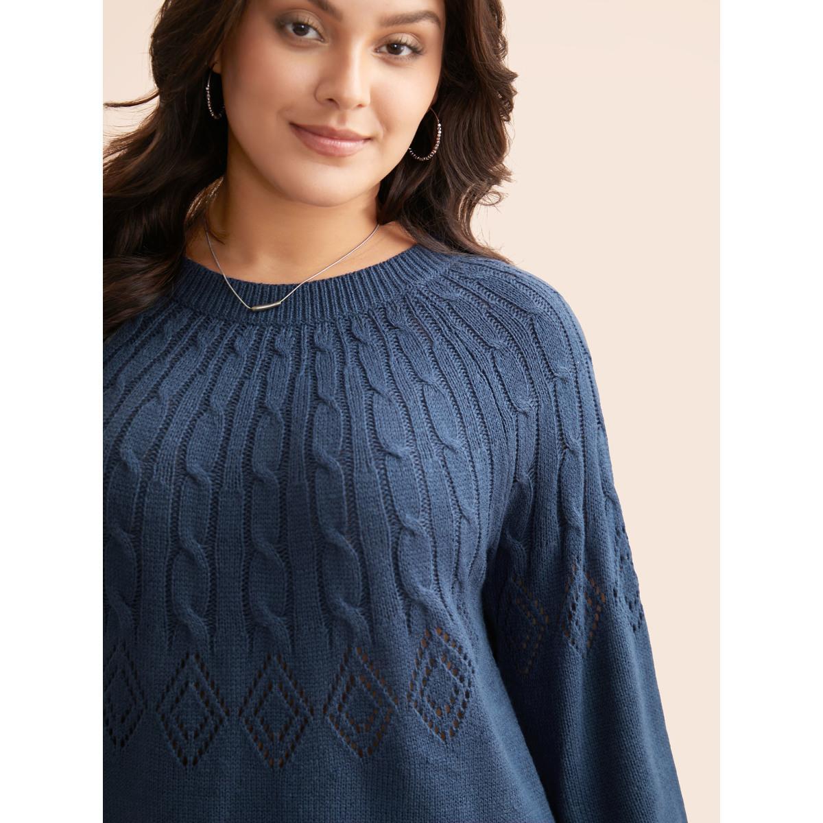 Plus Size Texture Cable Knit Lantern Sleeve Pullover Indigo Women Casual Loose Long Sleeve Round Neck Everyday Pullovers BloomChic 28/5X Product Image