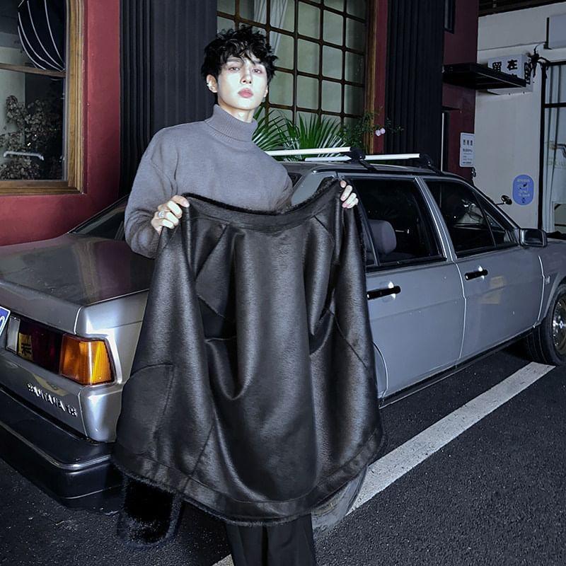 V-Neck Plain Faux Fur Open Front Jacket Product Image