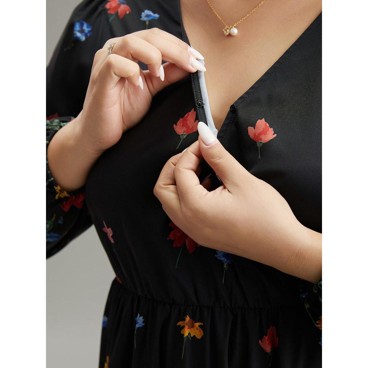 Plus Size Boho Print Overlap Collar Lantern Sleeve Dress Black Women Elegant Elastic cuffs Overlap Collar Long Sleeve Curvy Midi Dress BloomChic 26/4X Product Image