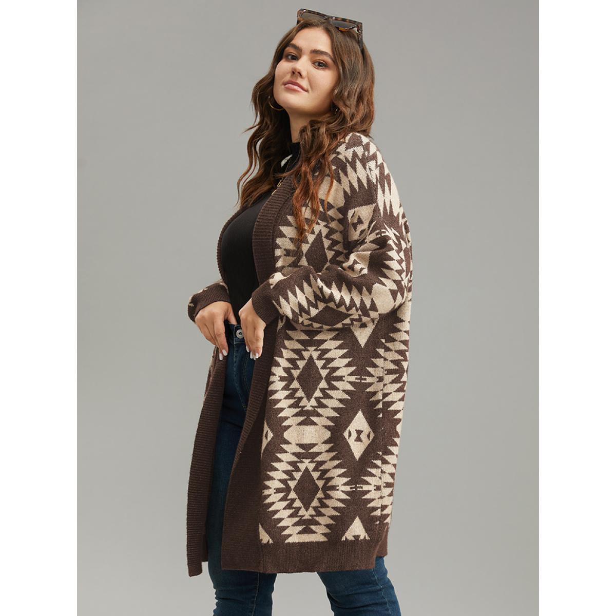 Plus Size Anti-Pilling Supersoft Essentials Geo Lapel Collar Cardigan DarkBrown Women Casual Loose Long Sleeve Everyday Cardigans BloomChic 12/L Product Image