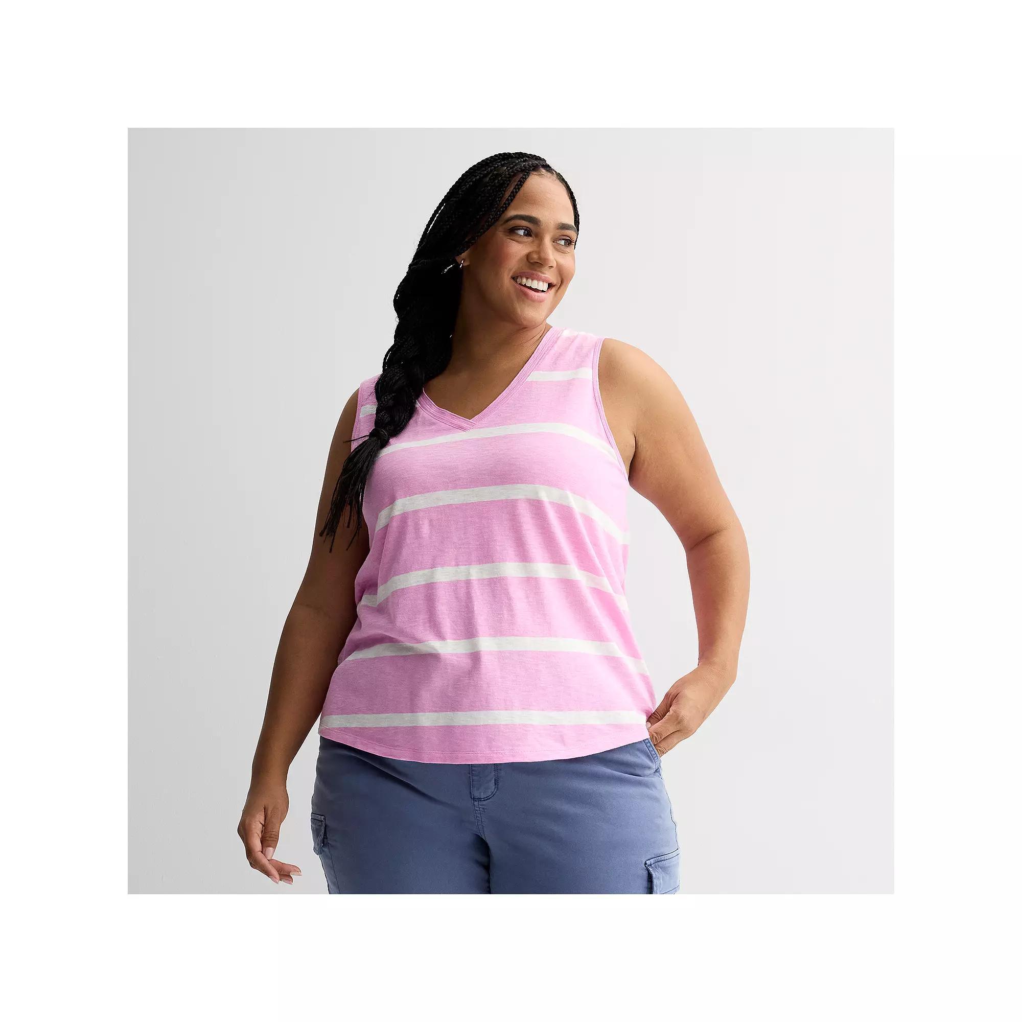 Plus Size Sonoma Goods For Life® Elevated V-Neck Tank Top, Women's, Size: 3XL, Bright Pink Stripe Product Image