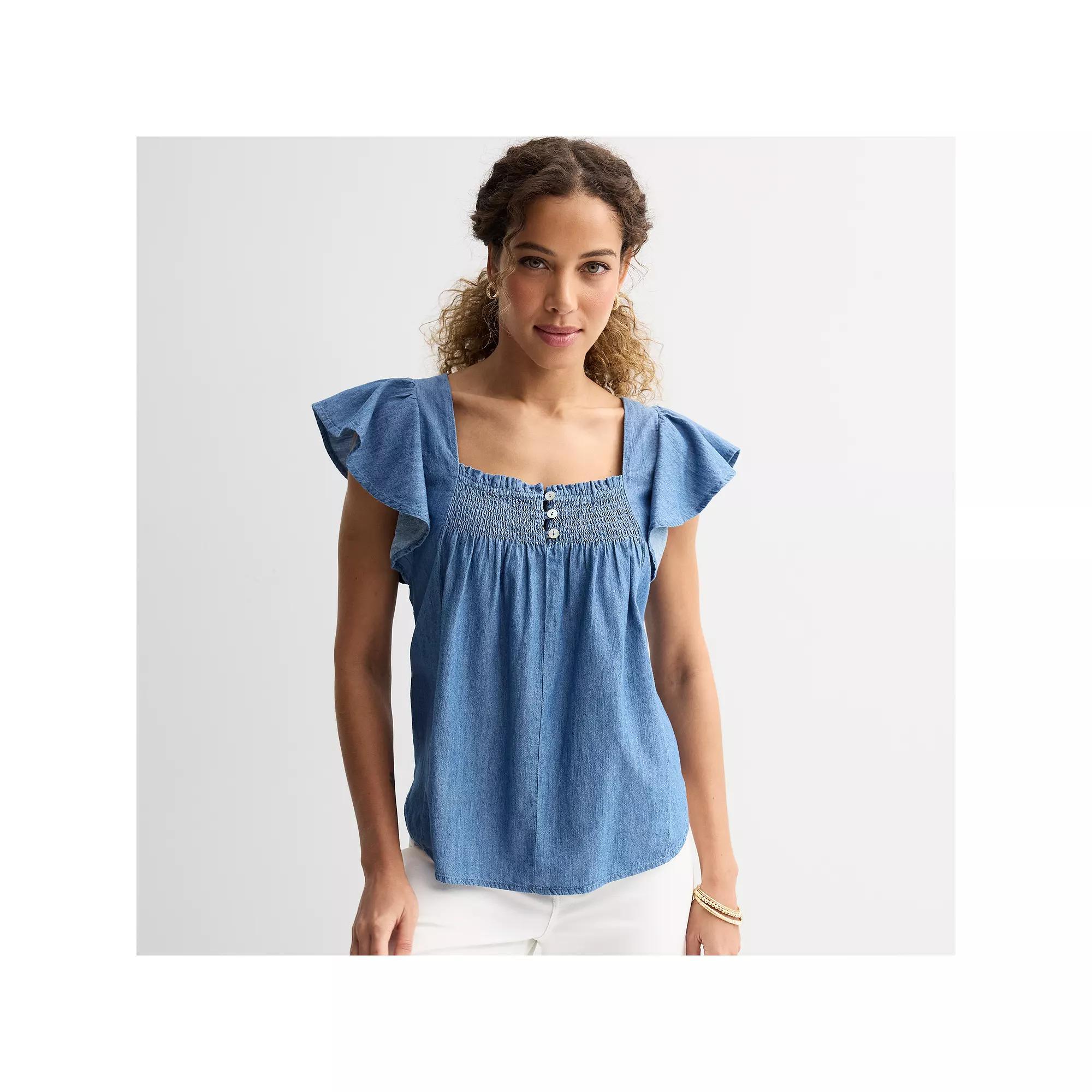 Women's Draper James Flutter Sleeve Smocked Top, Size: XXL, Chambray Product Image