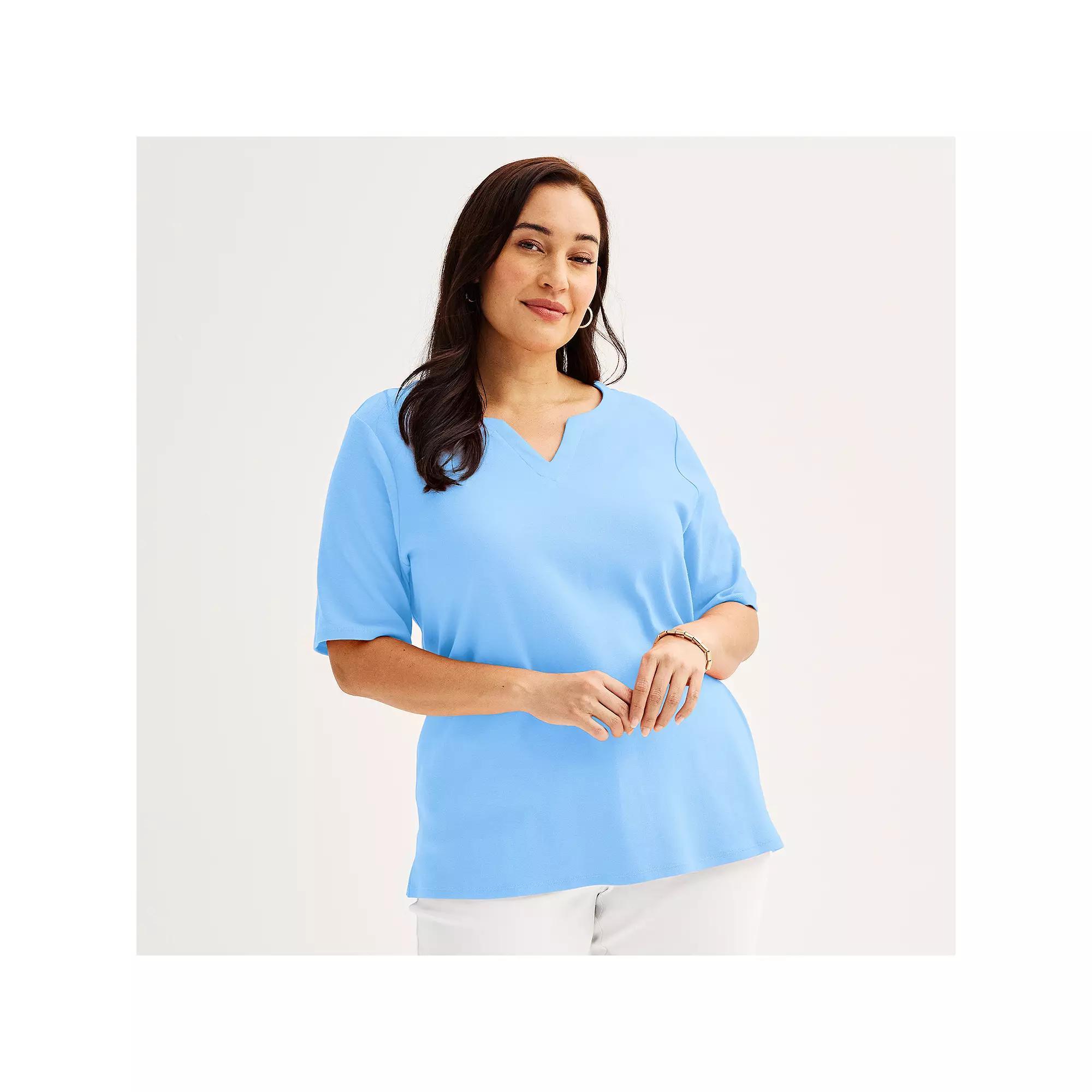 Plus Size Croft & Barrow® Elbow Sleeve Split Neck Top, Women's, Size: 5XL, Hepatica Blue Product Image