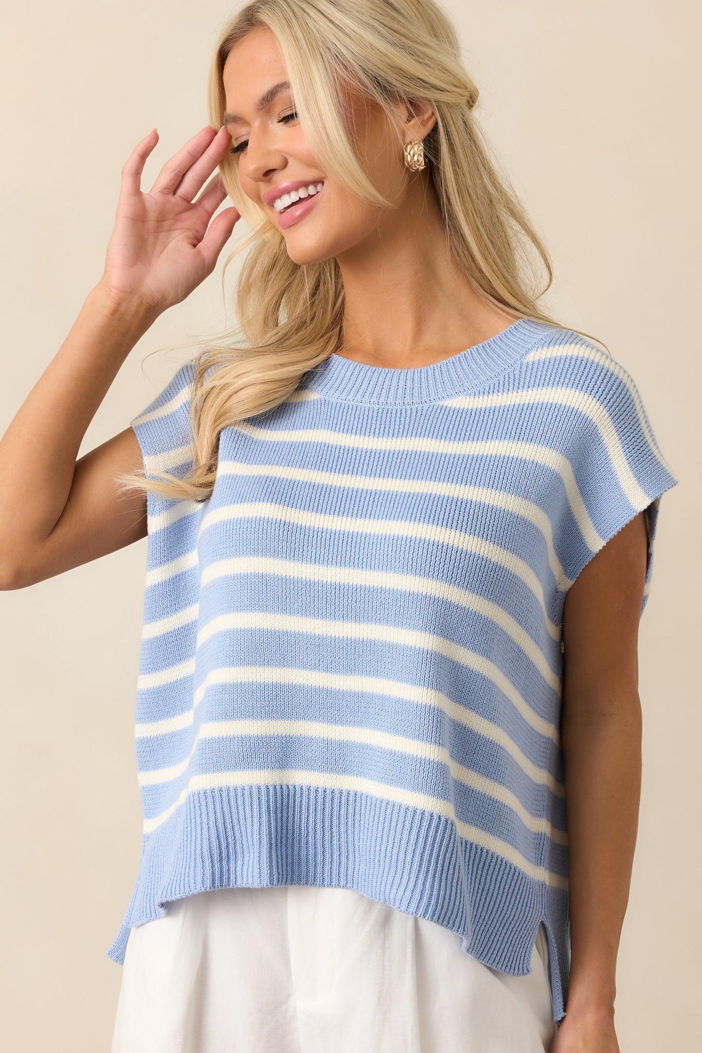 Daring Diva Light Blue Stripe Oversized Sweater Vest Product Image