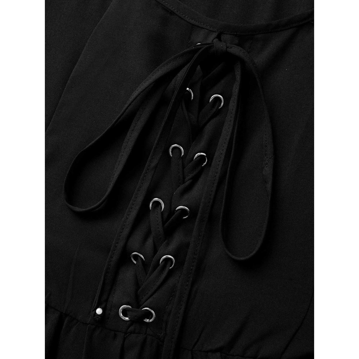 Plus Size Solid Bell Sleeve Pocket Ties High Low Hem Dress Black Women Elegant Non V-neck Long Sleeve Curvy Midi Dress BloomChic 26/4X Product Image
