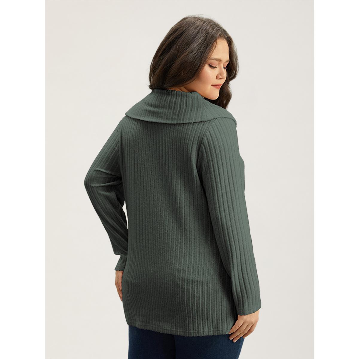 Plus Size Plain Rib Knit Cowl Neck T-shirt Green Women Elegant Texture Plain Ruffled collar Dailywear T-shirts BloomChic 26/4X Product Image