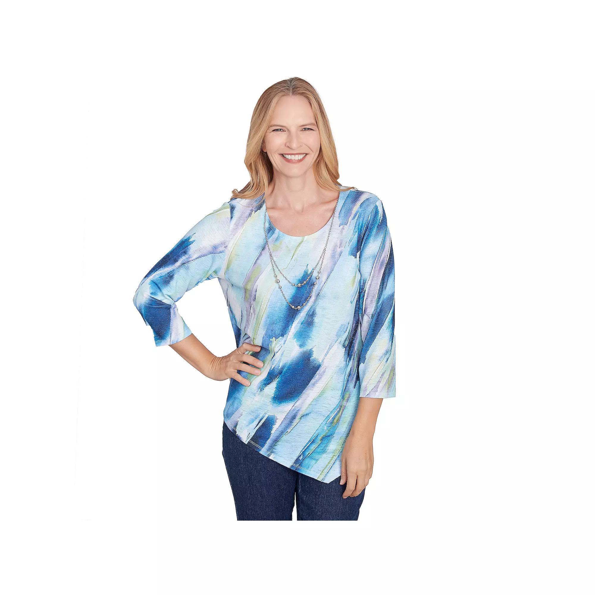 Women's Alfred Dunner Diagonal Brushstroke Top with Necklace, Size: Large, Multi Blue Product Image