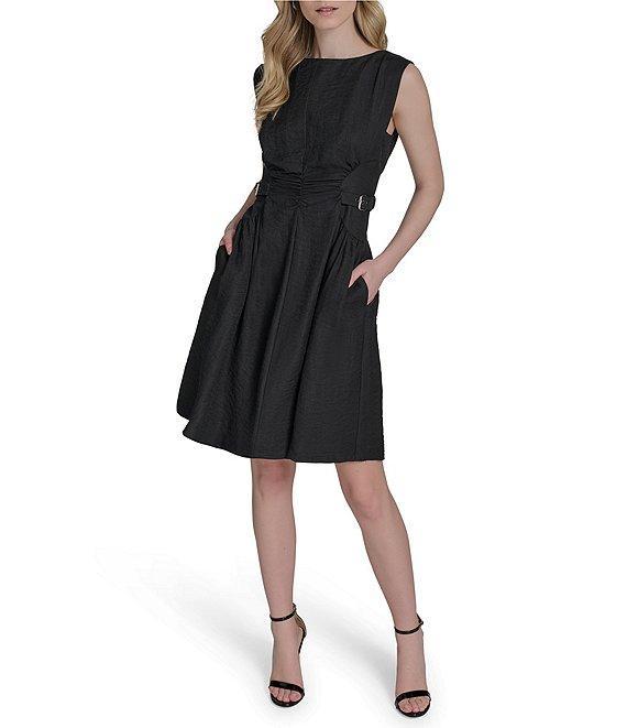 Vince Camuto Woven Boat Neck Sleeveless Ruched Fit and Flare Dress Product Image