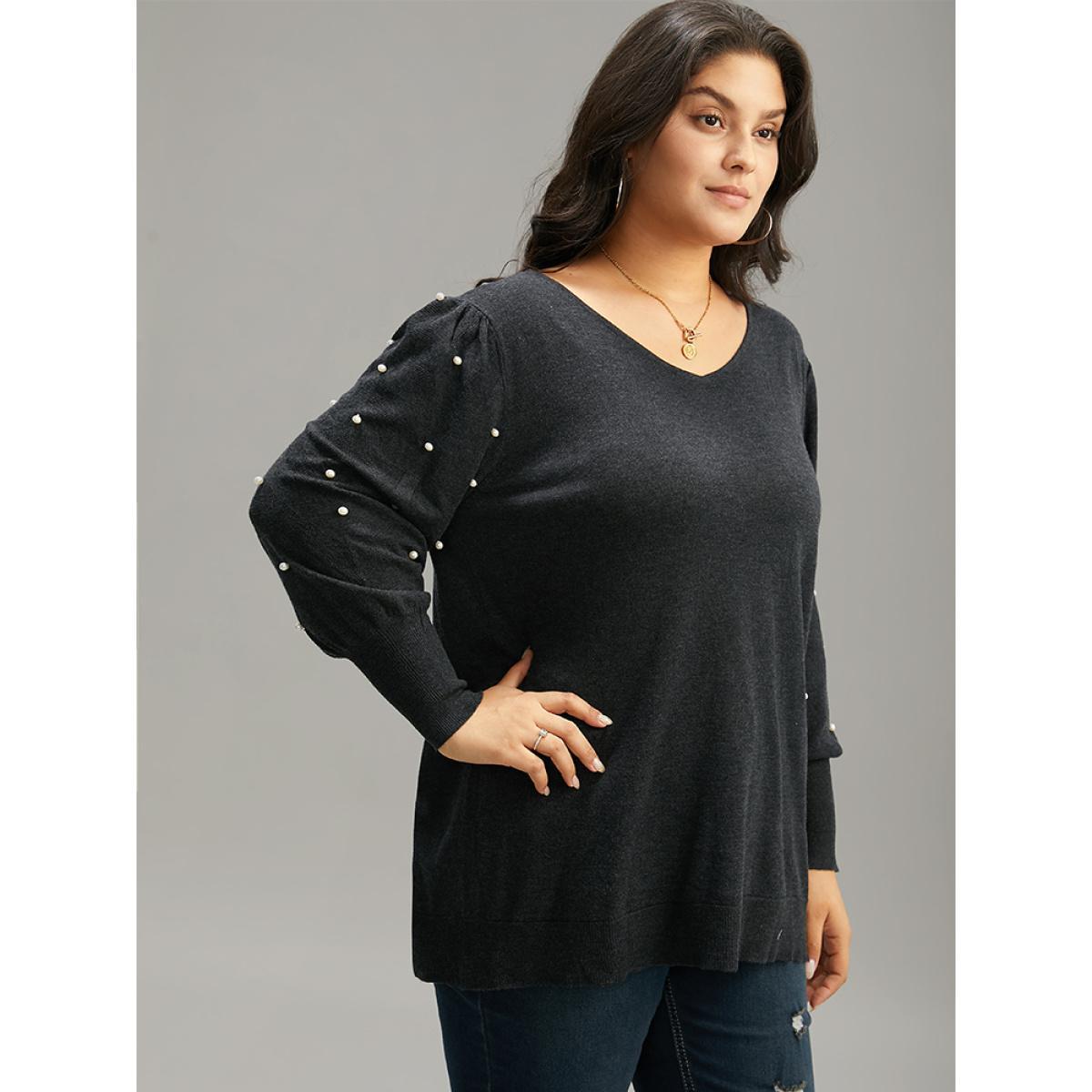 Plus Size Supersoft Essentials Solid Pearl Beaded Elastic Cuffs Pullover Black Women Casual Long Sleeve V-neck Dailywear Pullovers BloomChic 14-16/1X Product Image