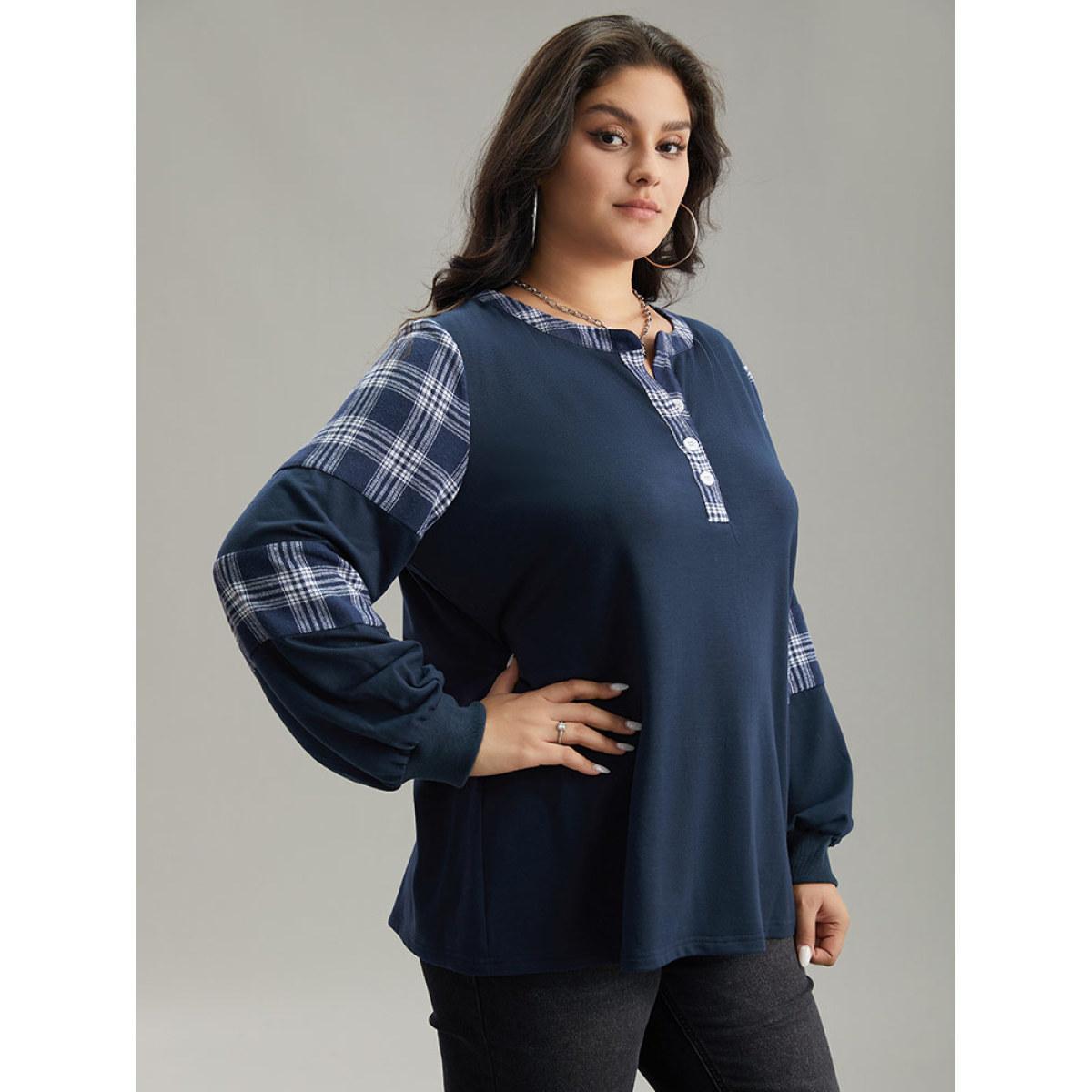 Plus Size Plaid Patchwork Button Up Rib Knit Sweatshirt Women Indigo Casual Elastic cuffs Open Front Dailywear Sweatshirts BloomChic 28/5X Product Image