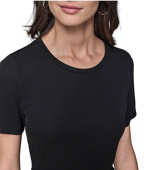 KARL LAGERFELD PARIS Jersey Satin Colorblock Print Crew Neck Short Sleeve Pleated Skirt Sheath Midi Dress Product Image