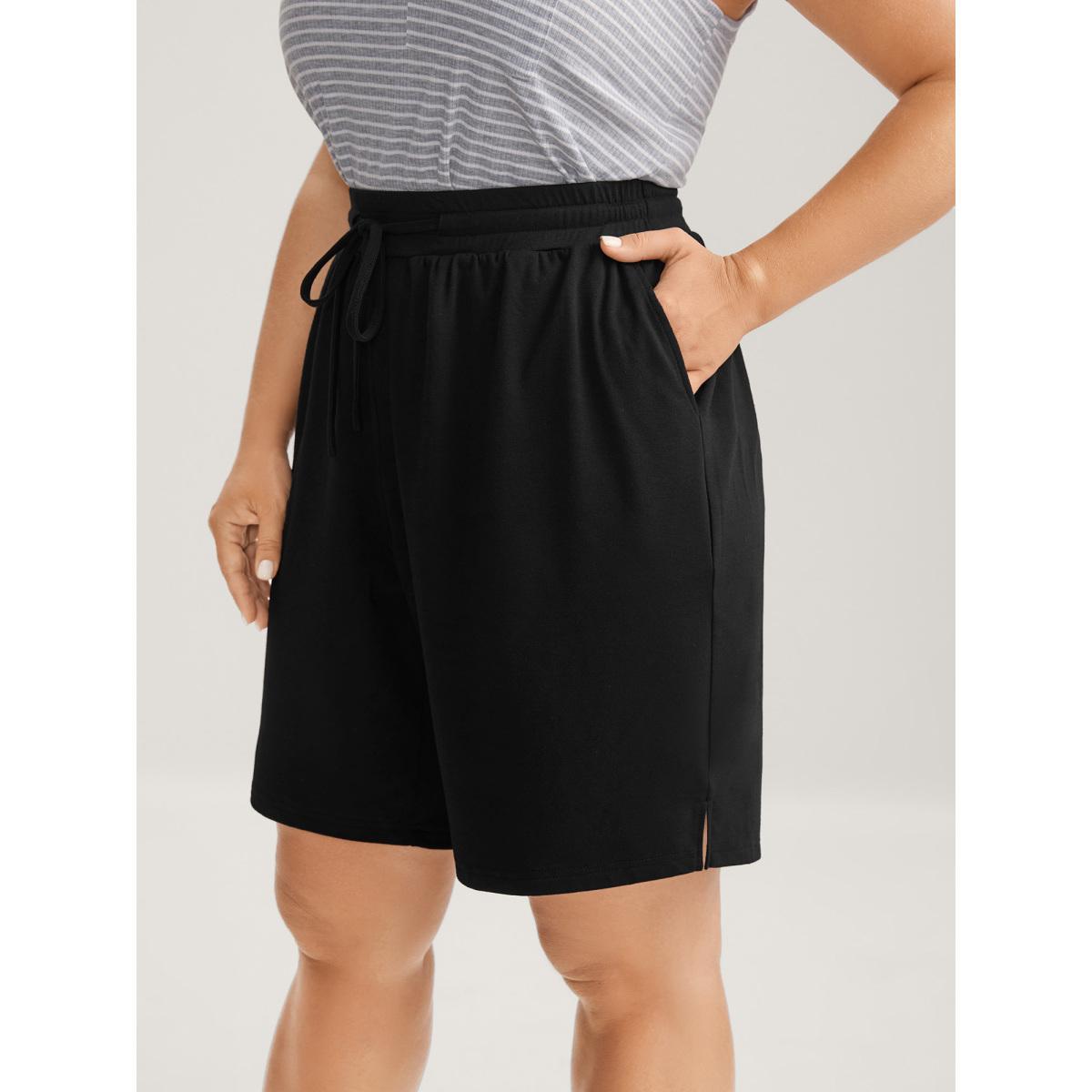 Plus Size Stretchy Slit Drawstring Straight-Leg Shorts Women Black Casual Drawstring Straight Leg Everyday-Casual Shorts BloomChic 30/6X Product Image