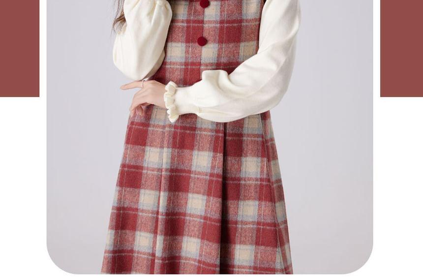 Sleeveless Crew Neck Plaid Button Accent Midi A-Line Dungaree Dress Product Image