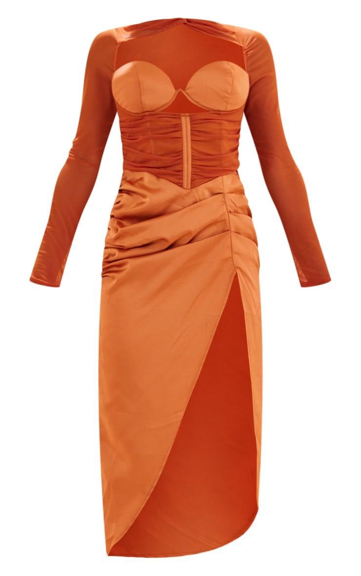 Rust Satin Bust Detail Ruched Mesh Sleeve Midi Dress Product Image