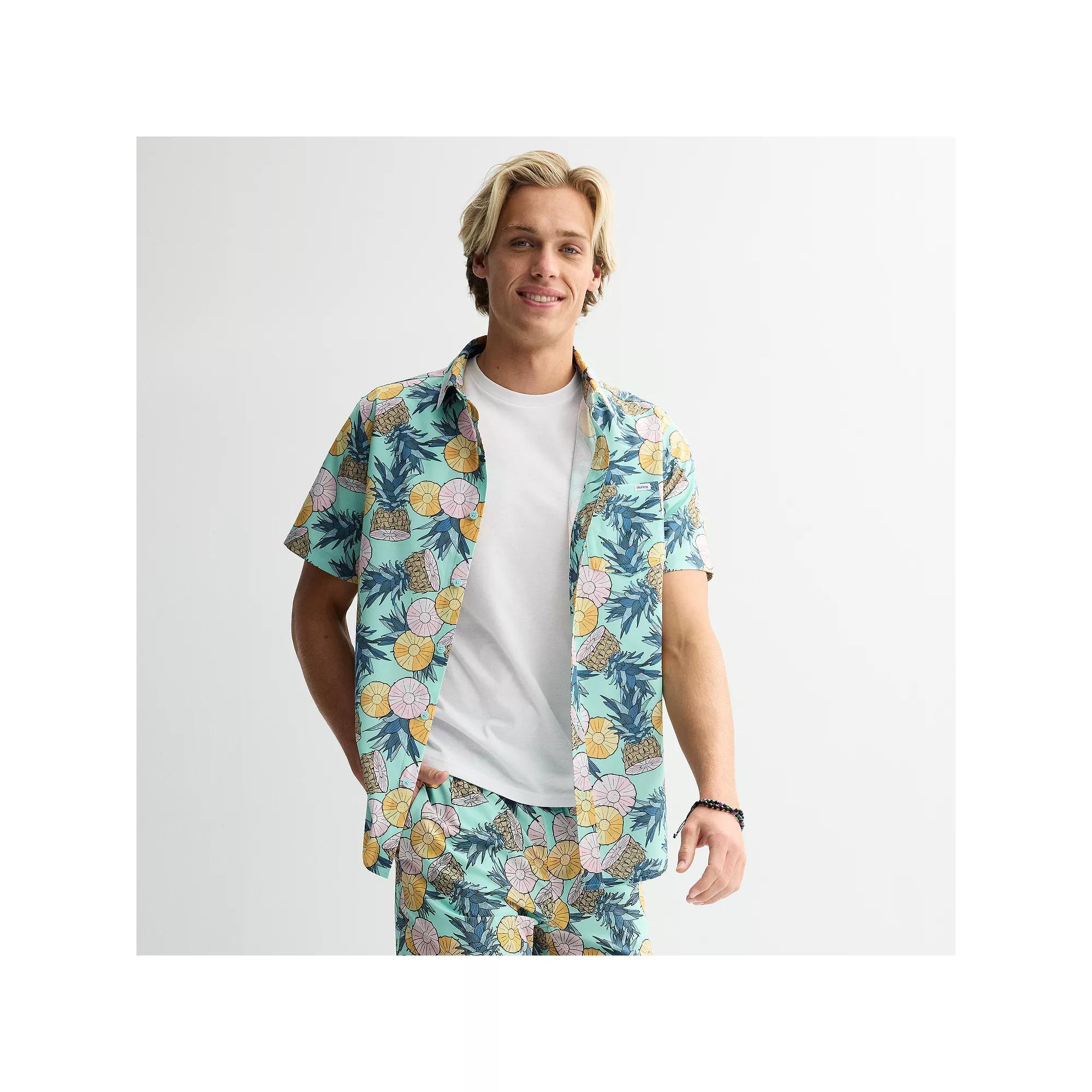 Men's Hurley Bahia Printed Stretch Short Sleeve Button-Down Shirt, Size: XL, Tropical Blue Product Image