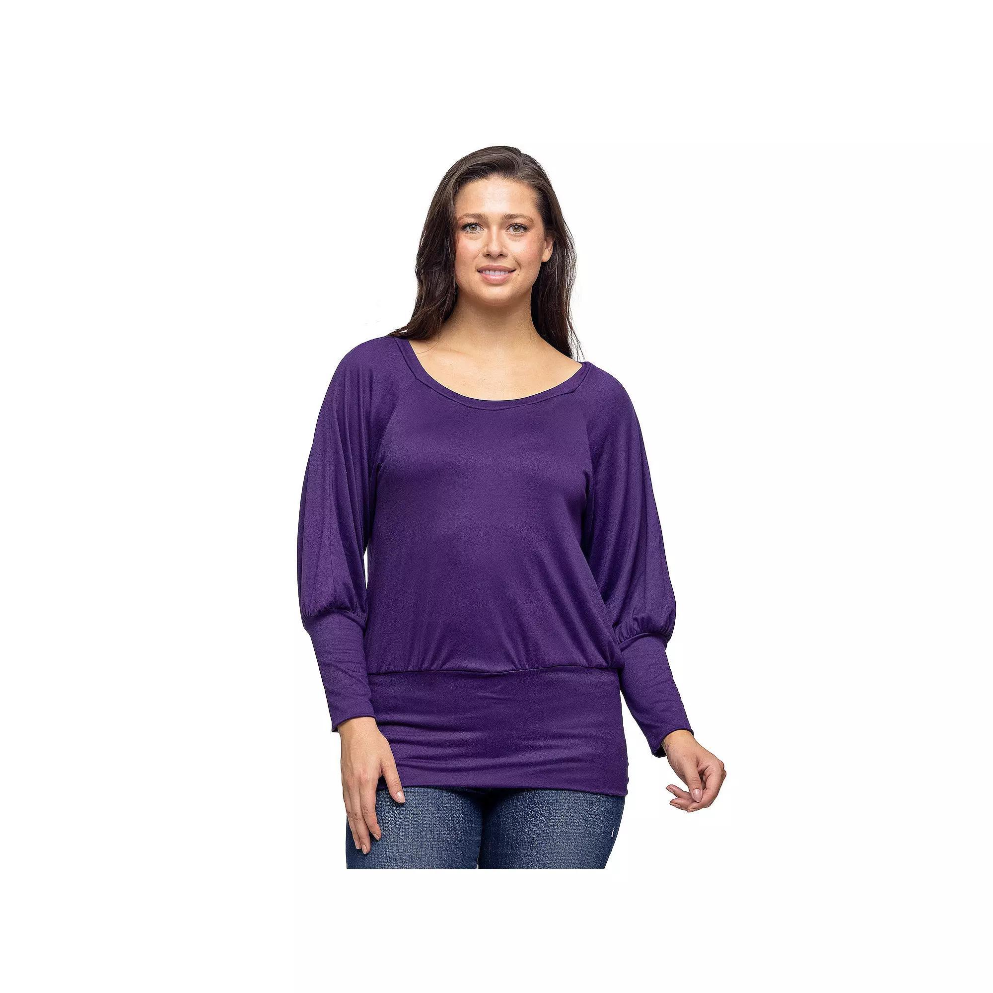 Women's 24Seven Comfort Apparel Round Neck Long Blouson Sleeve Banded Bottom Top, Size: Large, Purple Product Image