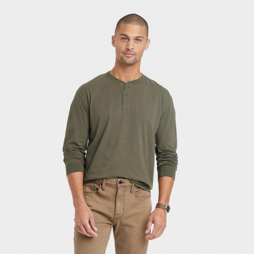 Men's Long Sleeve Henley Shirt - Goodfellow & Co™ Heathered Beige L Product Image