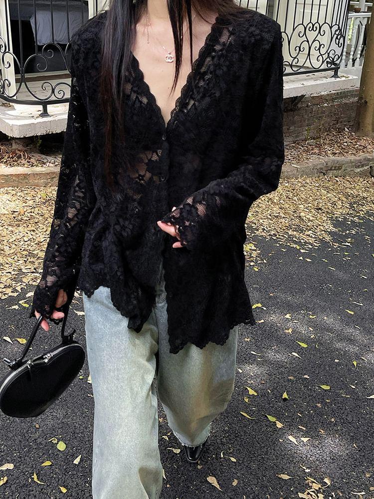 Long-Sleeve V-Neck Lace Button-Up Top Product Image