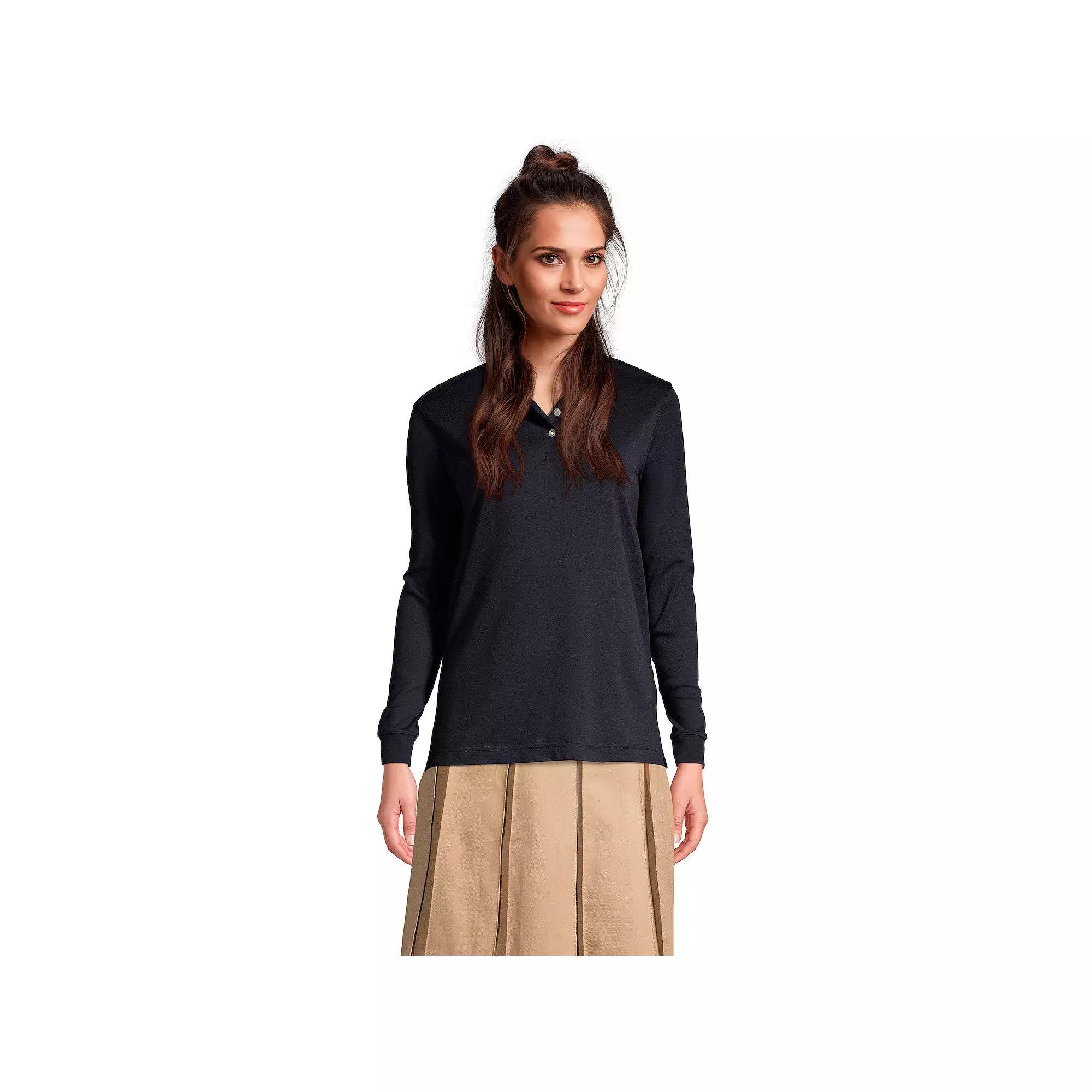 Womens Lands End School Uniform Long Sleeve 3-Button Interlock Polo Shirt Red Product Image