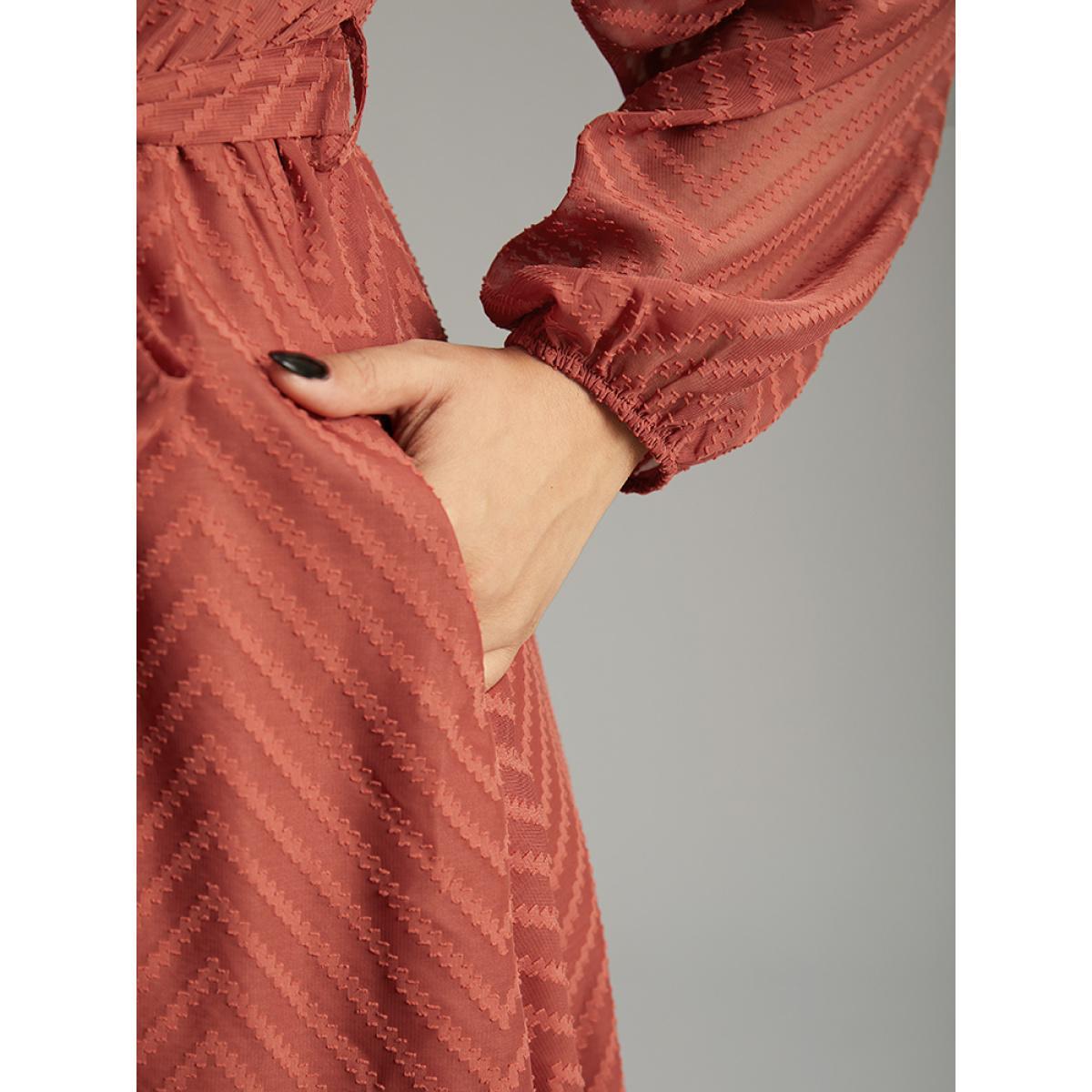 Plus Size Plain Mesh Texture Keyhole Belted Lantern Sleeve Dress Rust Women Office Elastic cuffs Keyhole Cut-Out Long Sleeve Curvy Midi Dress BloomChic 14-16/1X Product Image
