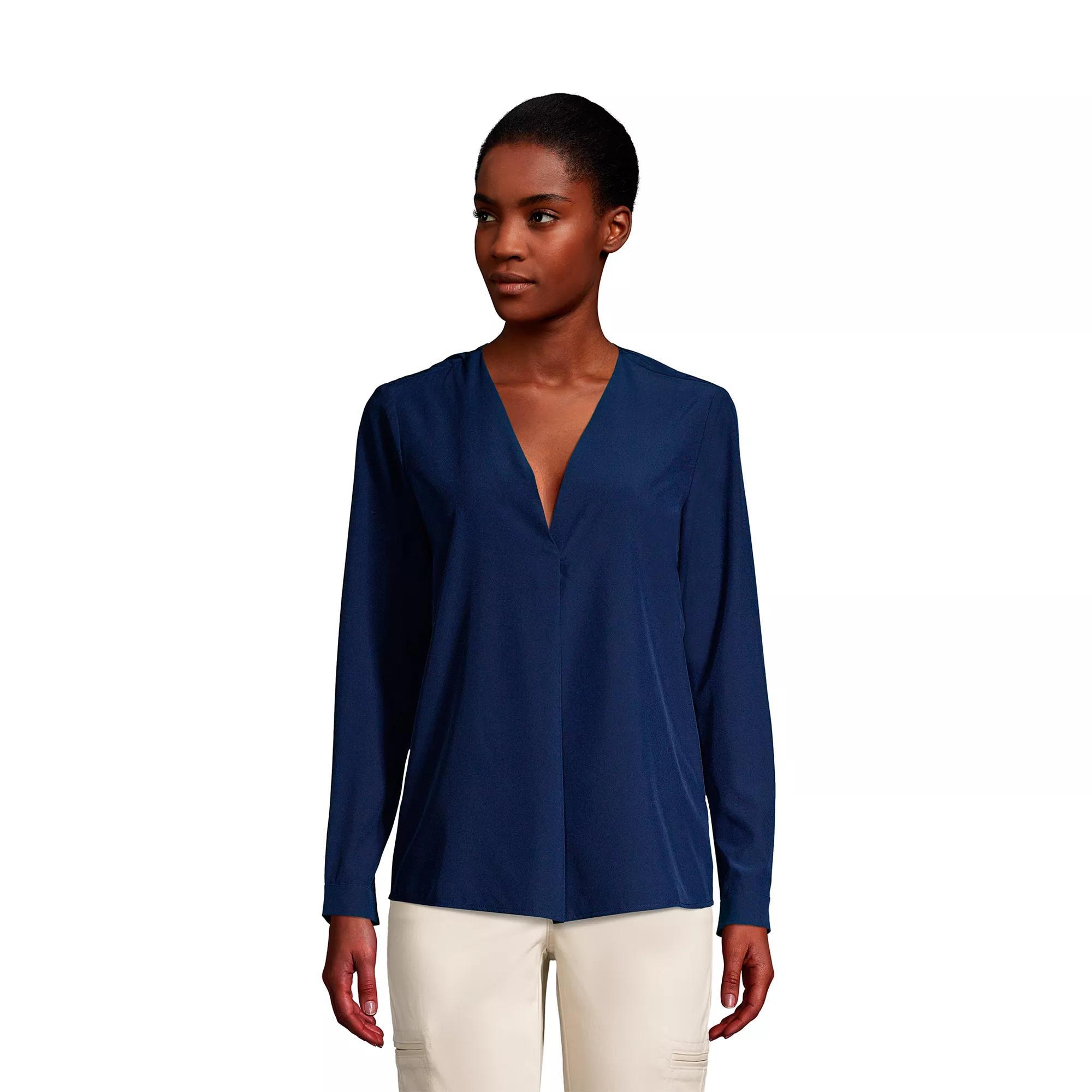 Women's Lands' End Long Sleeve V-neck Poplin Commuter Shirt, Size: Small, Deep  Blue Product Image
