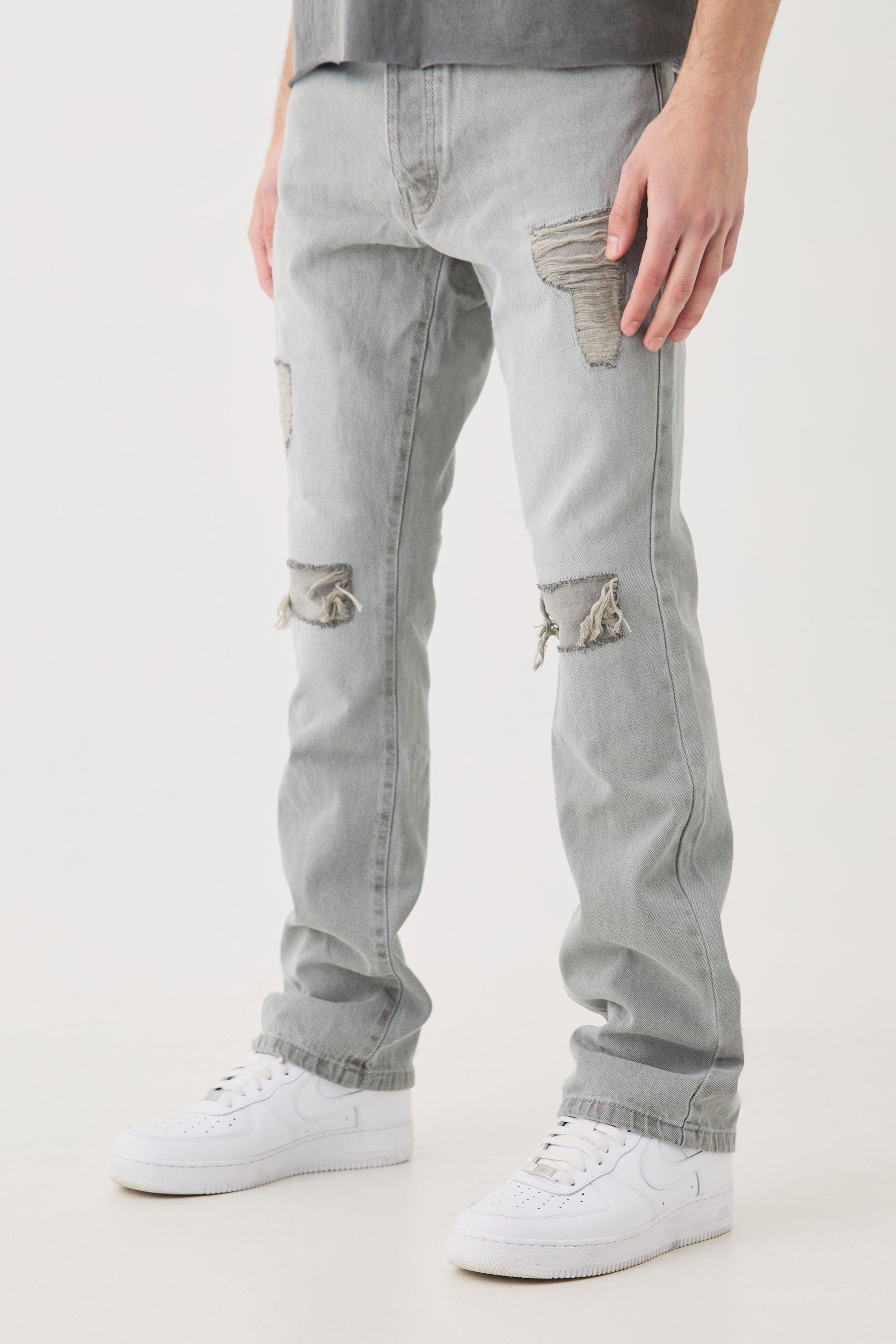 Mens Grey Slim Flare Rip And Repair Jeans, Grey Product Image