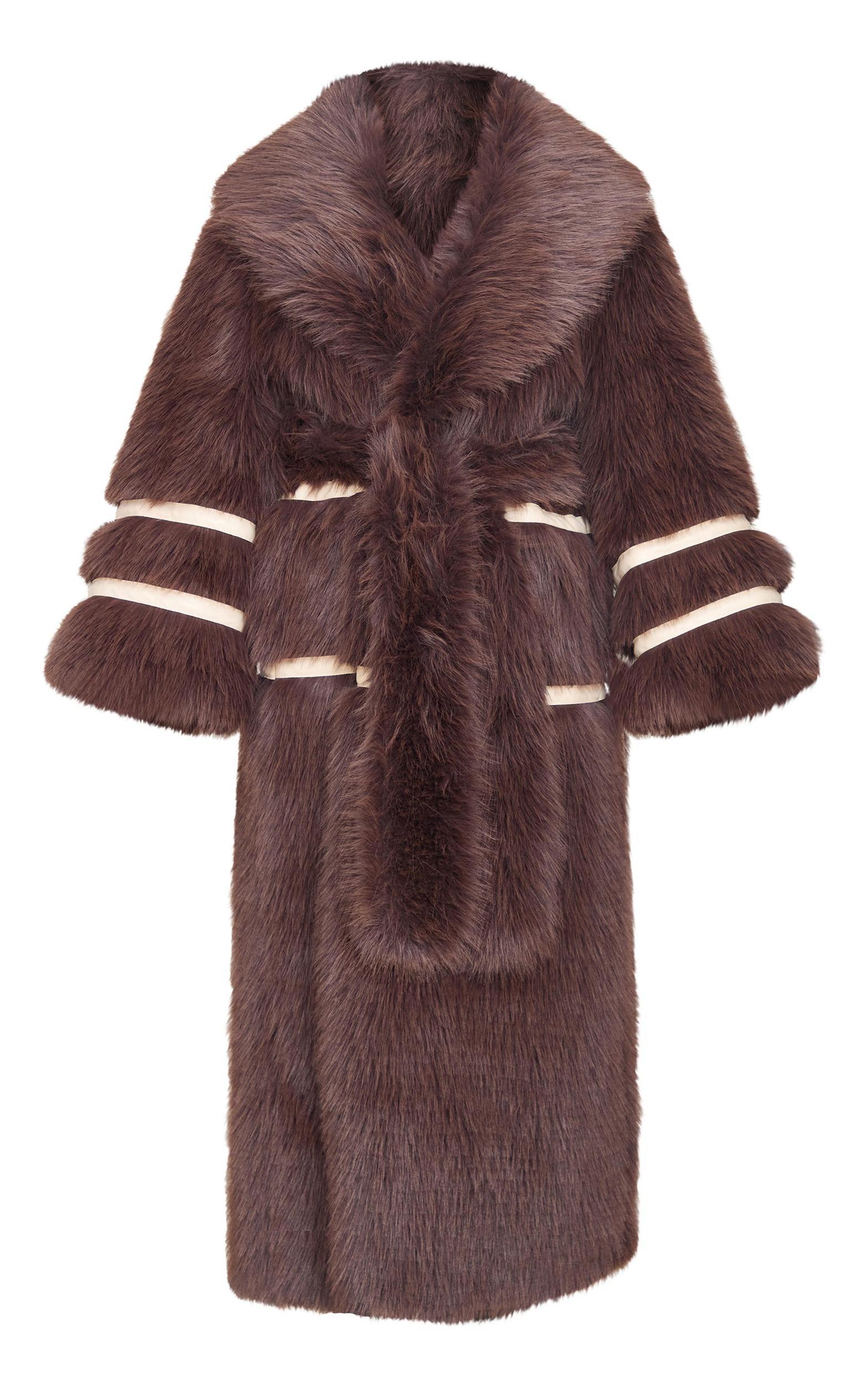Brown Faux Fur Contrasting Faux Leather Trim Maxi Coat Product Image