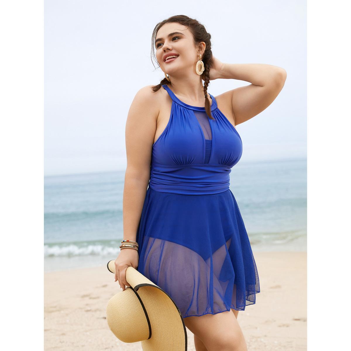 Plus Size Knotted Back Mesh Insert Halter Swim Dress Women's Swimwear Blue Beach Bodycon Round Neck High stretch Curve Swim Dresses BloomChic 22-24/3X Product Image