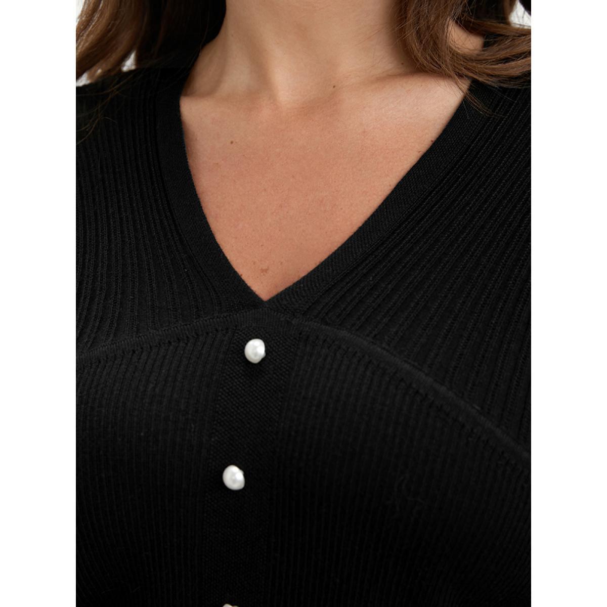 Plus Size Plain Rib Knit Button Front Knit Top Black Women Elegant Skinny Long Sleeve V-neck Dailywear Pullovers BloomChic 26/4X Product Image