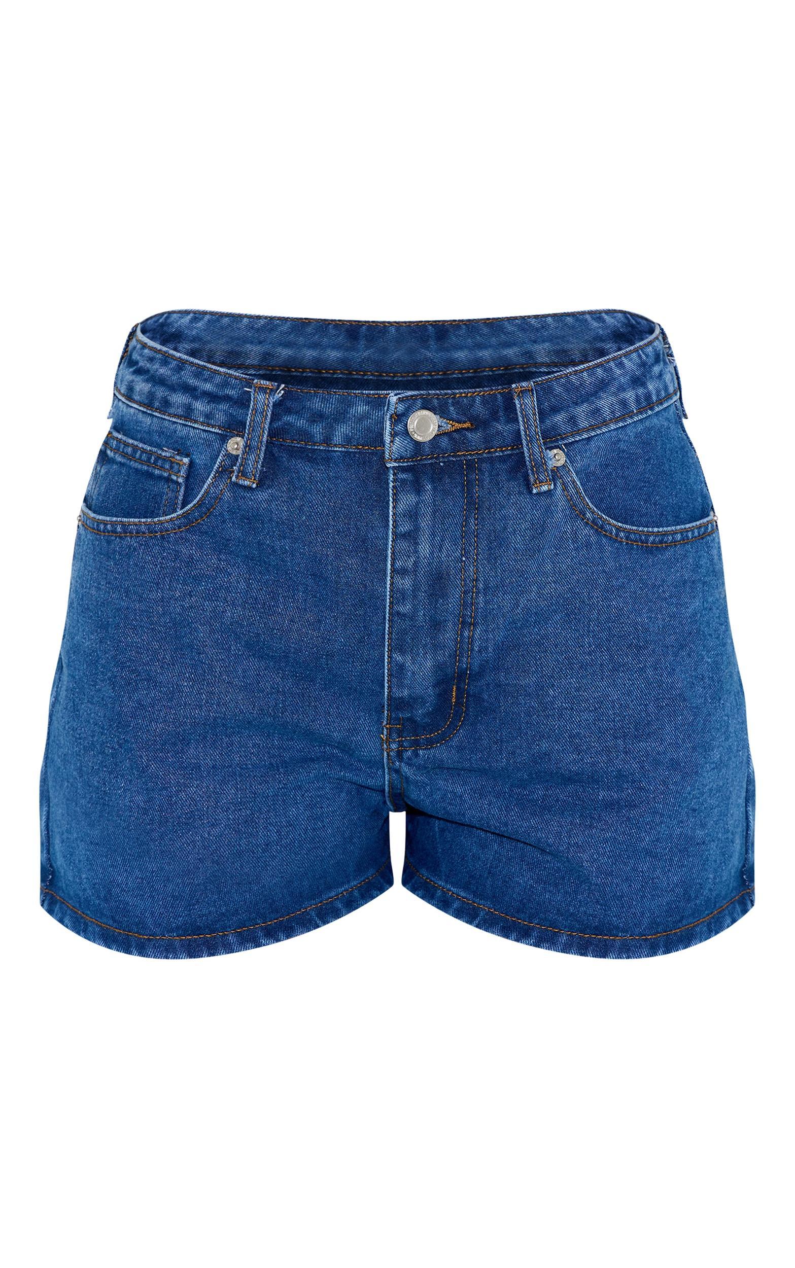 Dark Blue Contrast Stitch High Waisted Mom Shorts Product Image