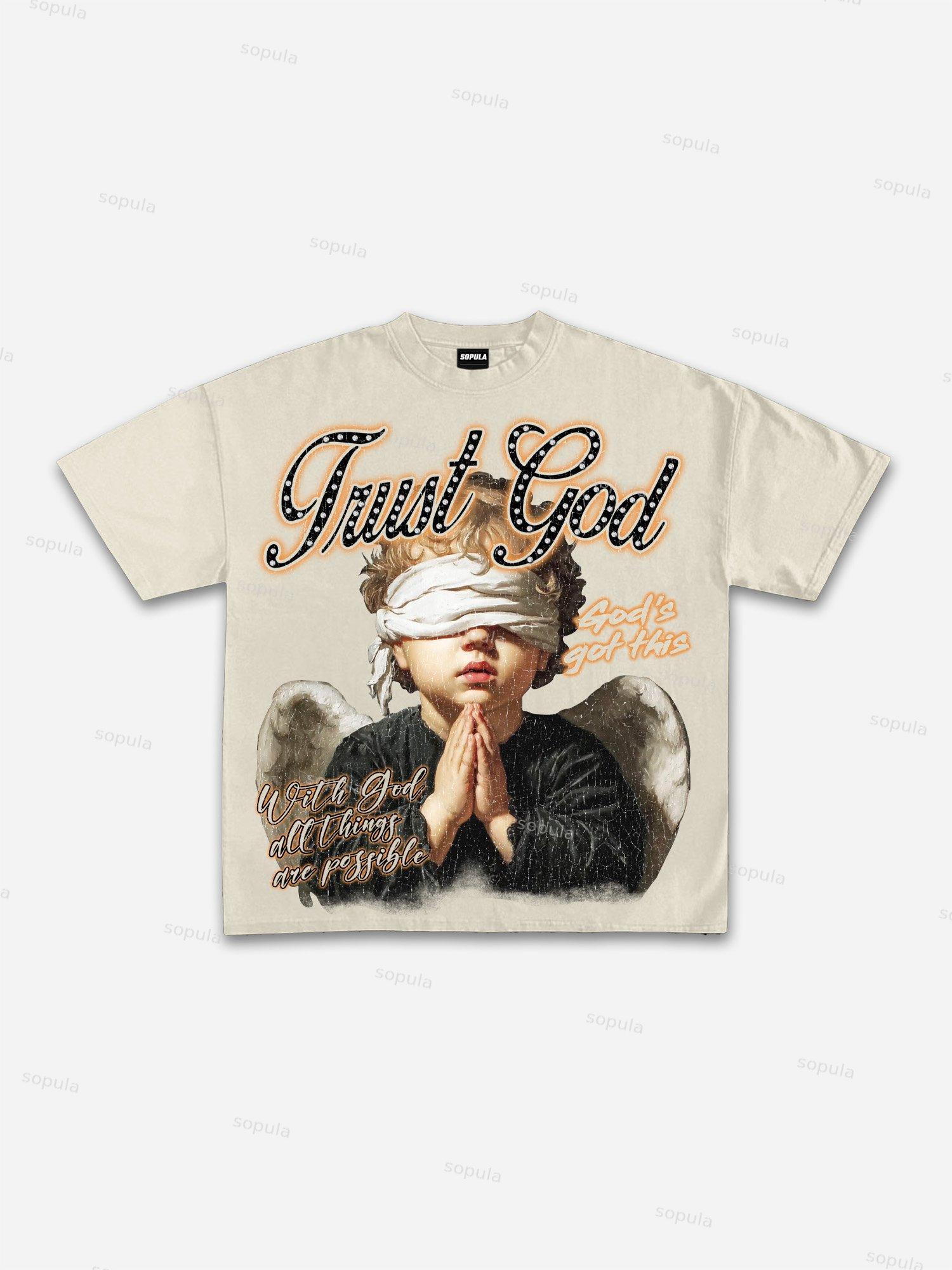 In God We Trust Blindfolded Angel Vintage Distressed Graphic Cotton T-shirt Product Image