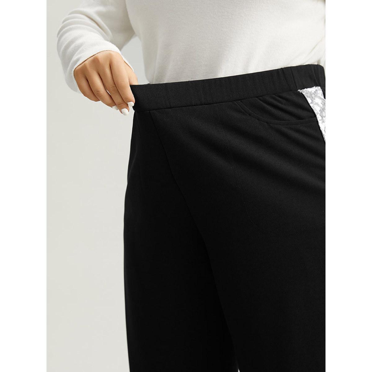 Plus Size Sequin Patchwork Pocket Wide Leg Pants Women Black Glamour Wide Leg High Rise Festival-Christmas Pants BloomChic 22-24/3X Product Image