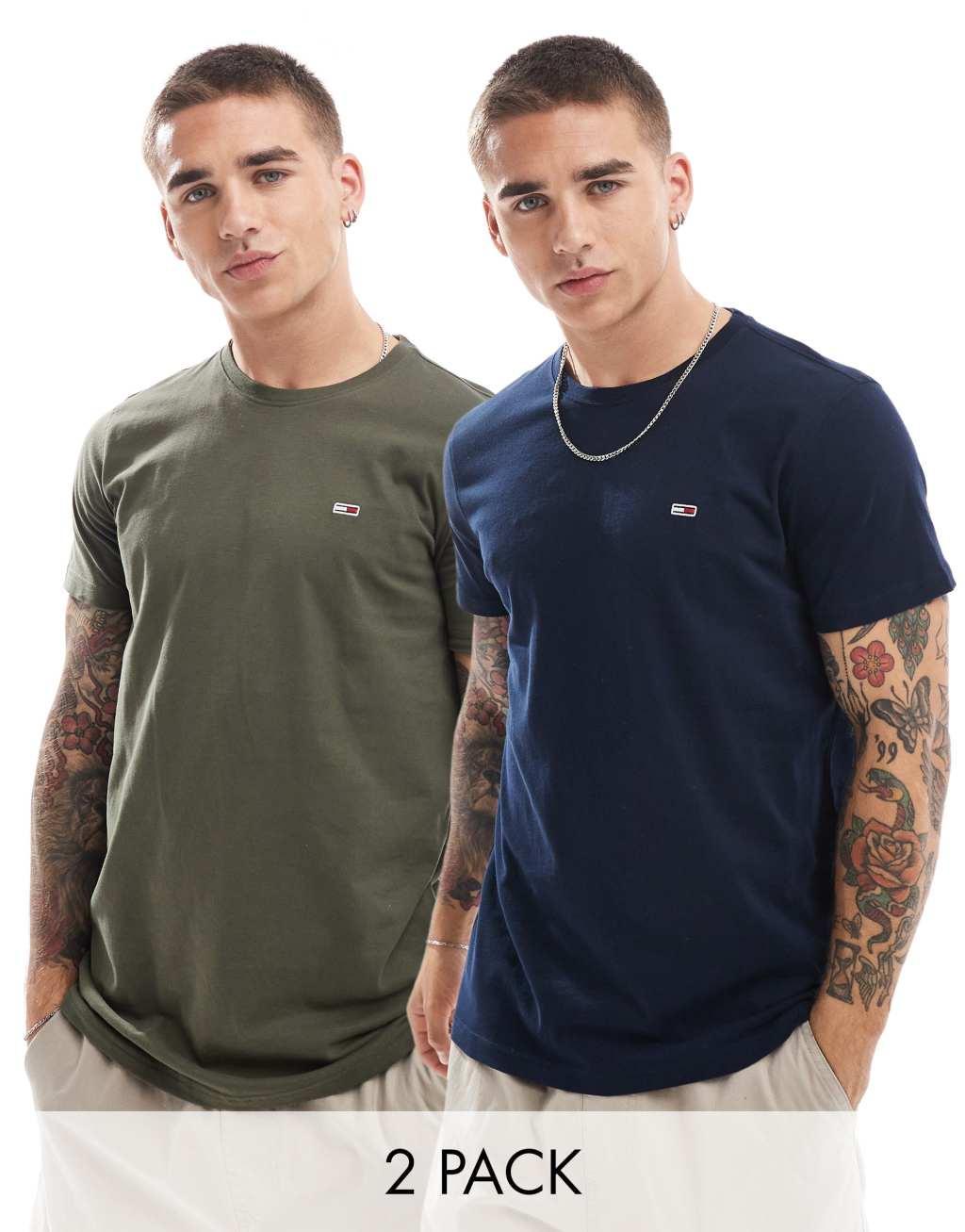 Tommy Jeans 2-pack slim flag logo T-shirts in dark khaki and navy Product Image
