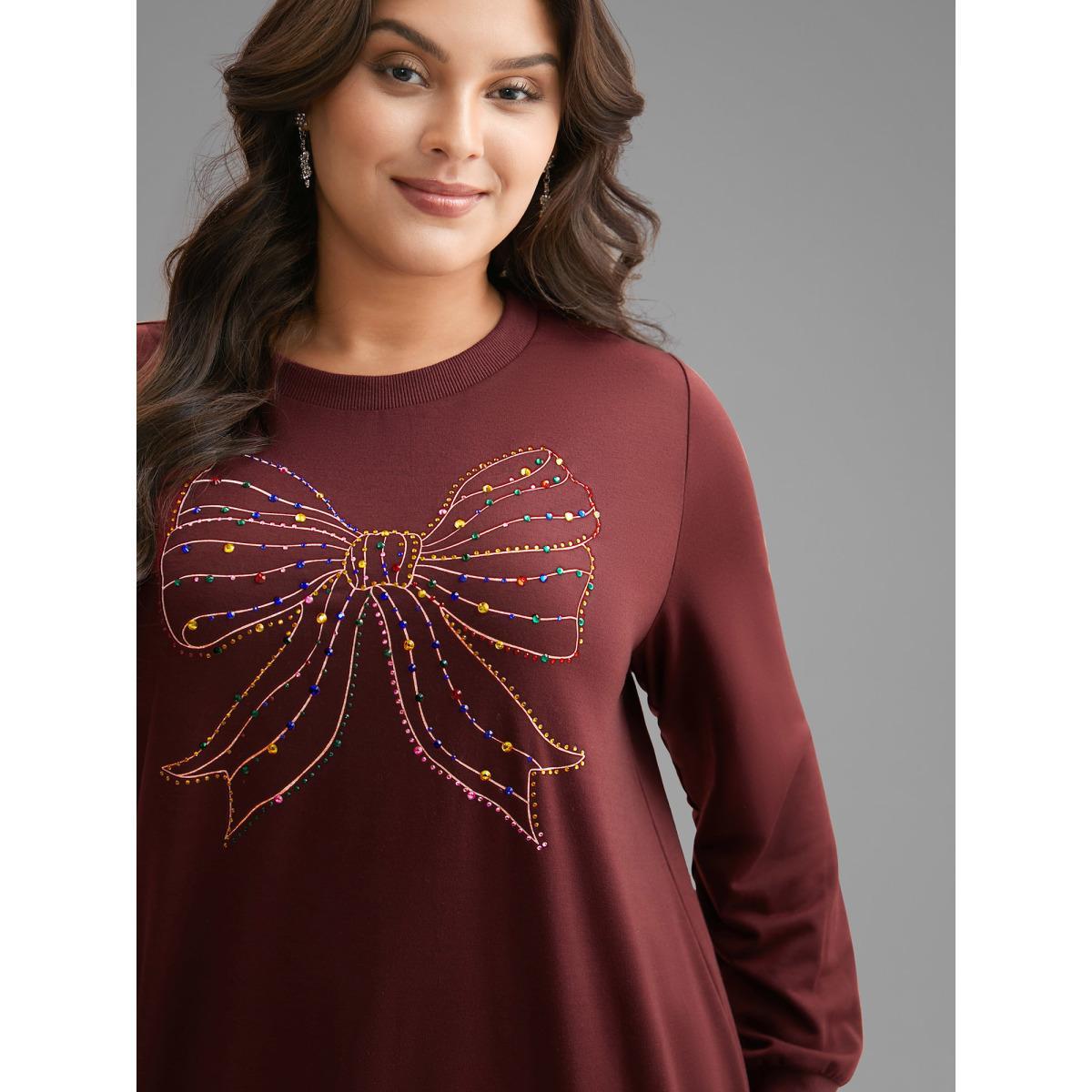 Plus Size Rhinestone Embellished Bow Straight-Fit Sweatshirt Women Deepred Casual Rhinestone detailing Round Neck Everyday Sweatshirts BloomChic 22-24/3X Product Image