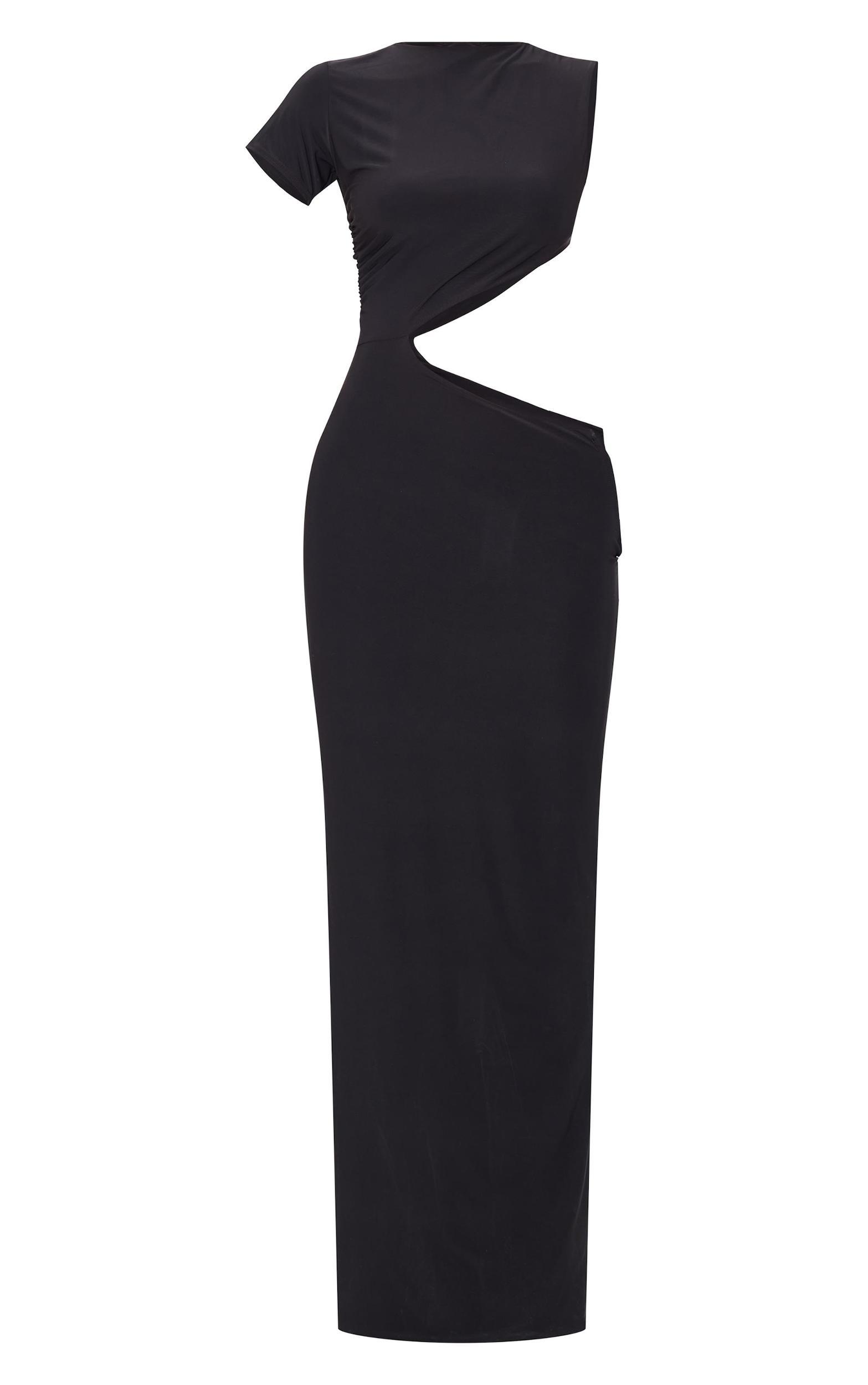 Black Double Layer Slinky Short Sleeve Trim Detail Maxi Dress Product Image