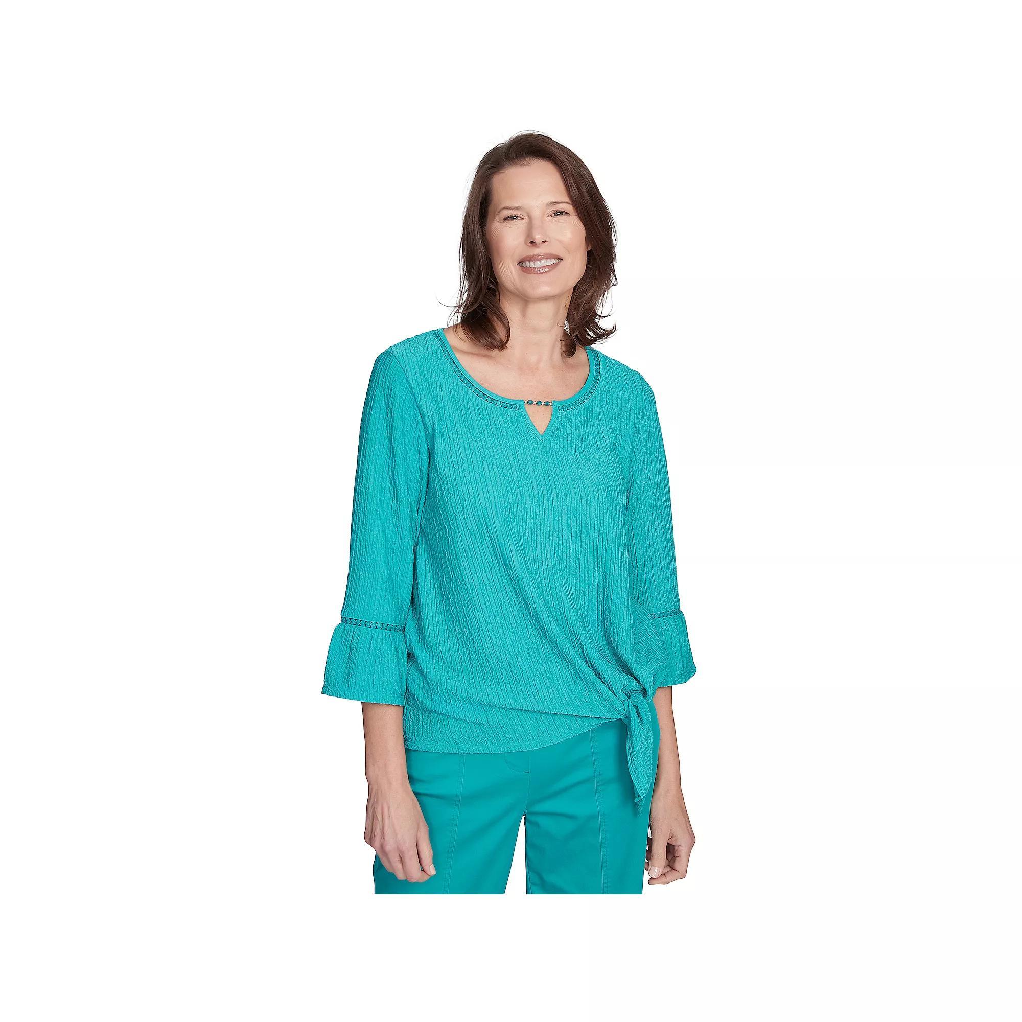 Petite Alfred Dunner Tie Front Bell Sleeve Top, Women's, Size: Large Petite, Green Product Image