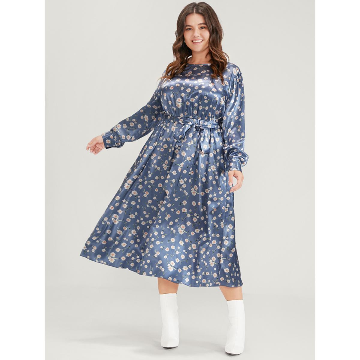 Plus Size Floral Keyhole Back Pocket Belted Satin Midi Dress Aegean Women Elegant Pocket Round Neck Long Sleeve Curvy Midi Dress BloomChic 30/6X Product Image