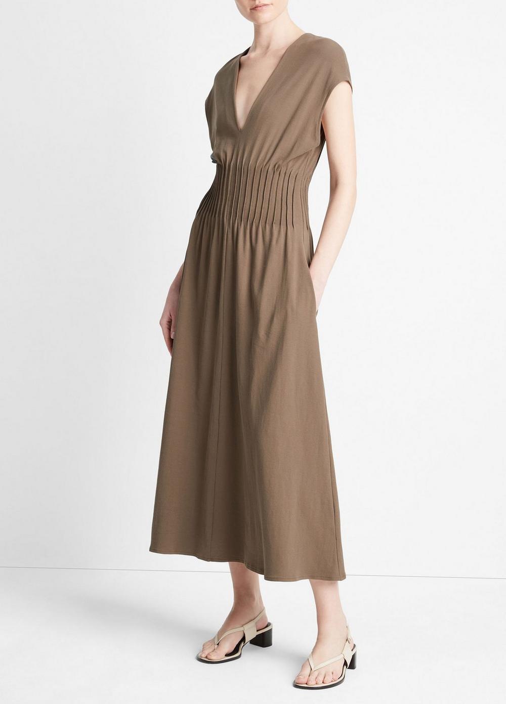 Pintuck Cotton V-Neck Dress Product Image