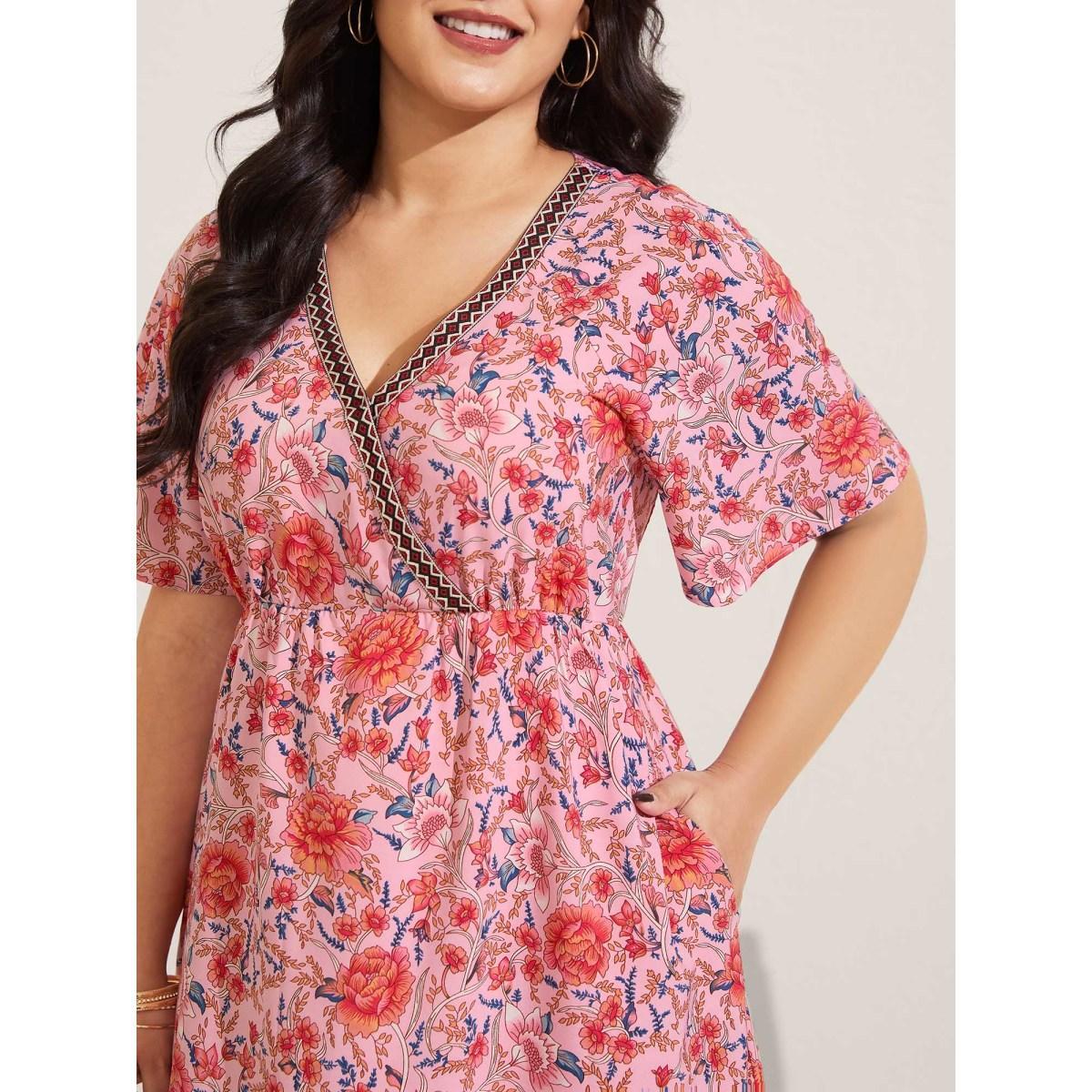 Plus Size Rosy Floral Print Lace Maxi Dress Blush Women Overlap Collar Short sleeve Curvy BloomChic 28/5X Product Image