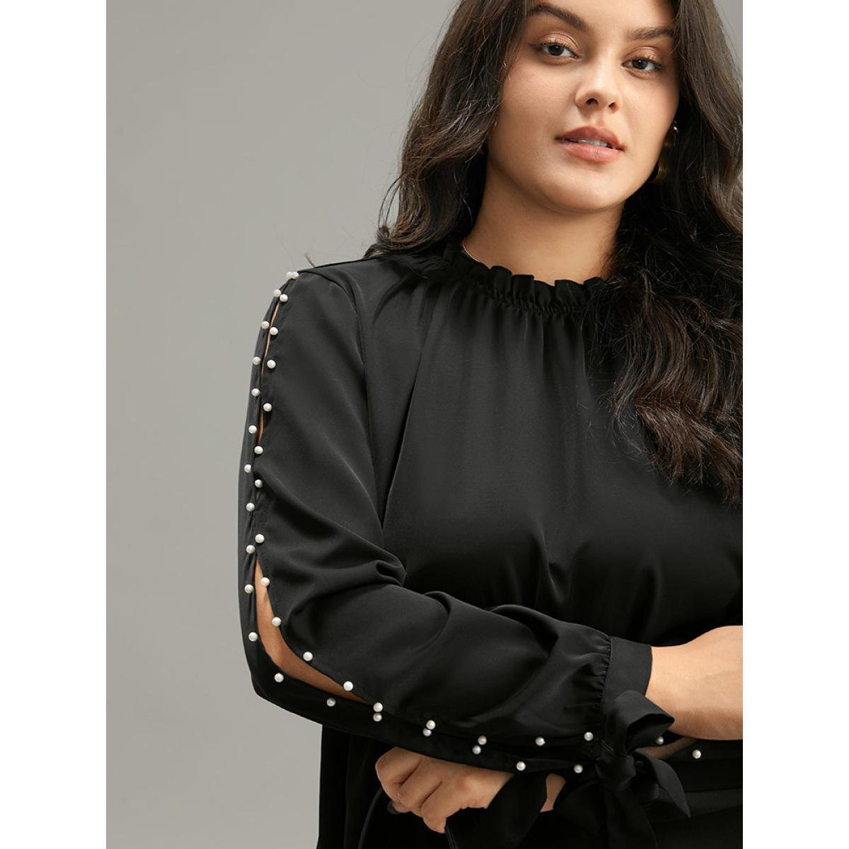 Plus Size Black Anti-Wrinkle Pearl Beaded Ties Cut Out Blouse Women Office Long Sleeve Halter neck Work Blouses BloomChic 18-20/2X Product Image