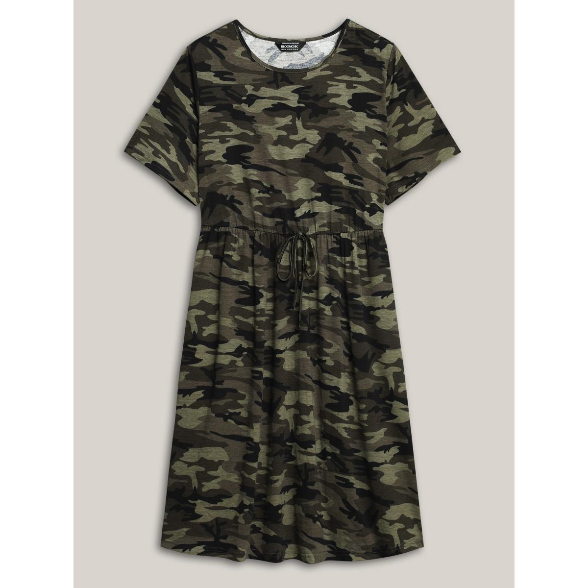 Plus Size Camouflage Print Round Neck Pockets Midi Dress ArmyGreen Women Casual Tie knot Knit Dresses Bloomchic 28/5X Product Image