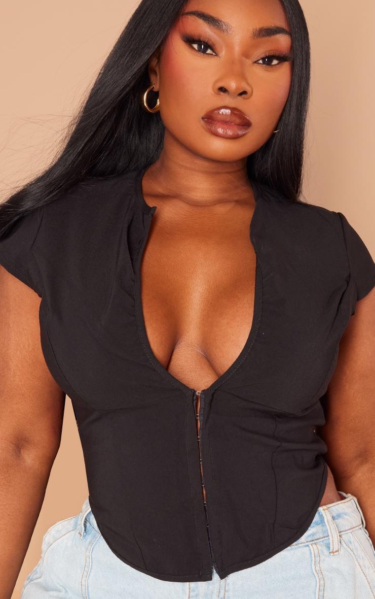 Plus Black Stretch Woven Hook And Eye Cap Sleeve Long Top Product Image