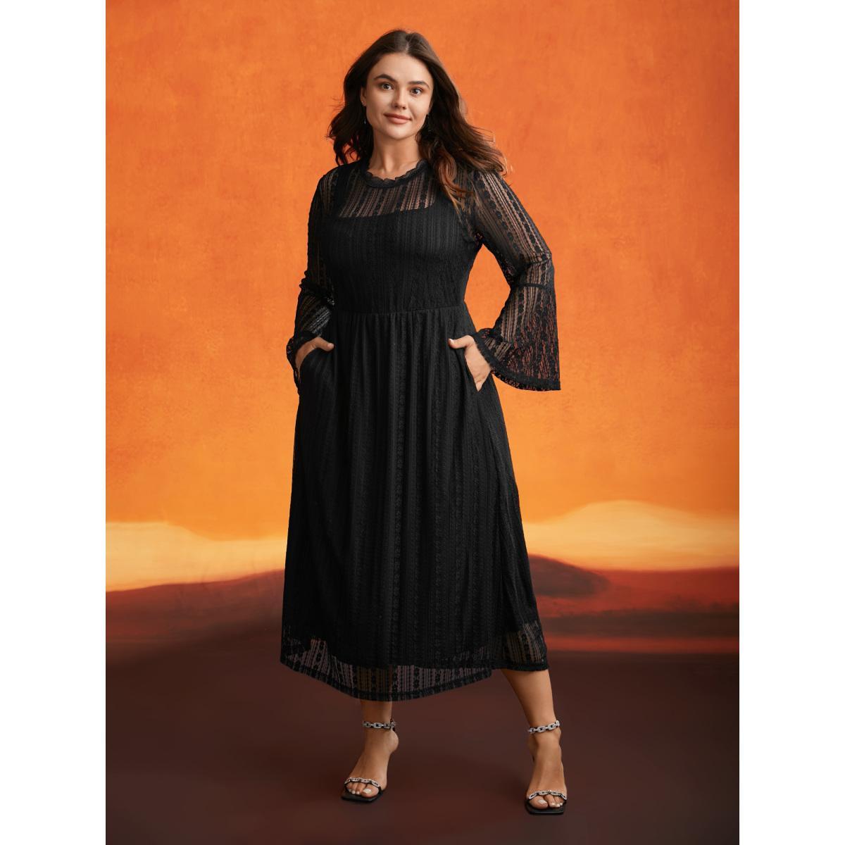 Plus Size Spellbound Halter Neck Sheer Midi Dress Black Women Cocktail Woven ribbon&lace trim Party Curvy Bloomchic 12/L Product Image