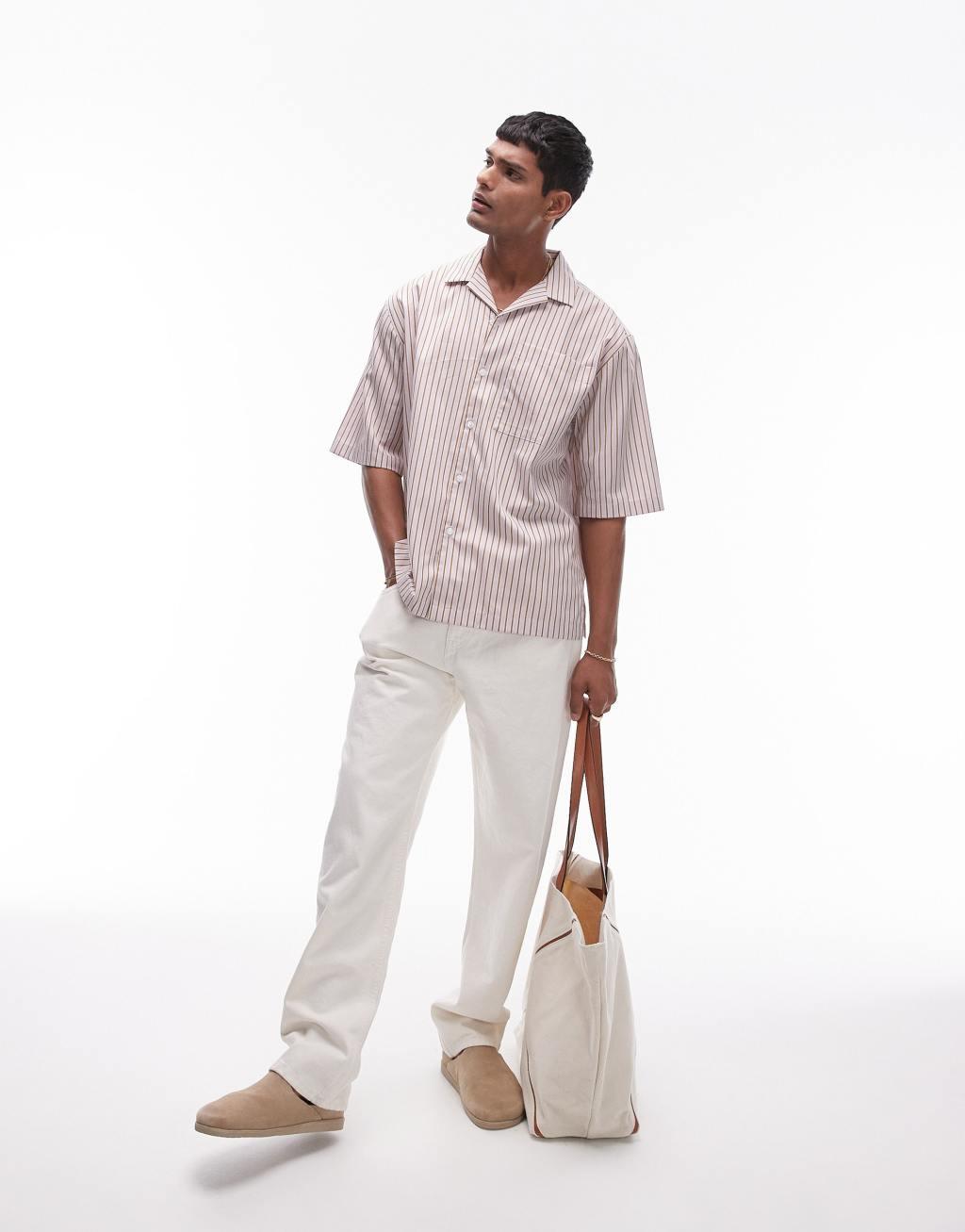 Topman short sleeve relaxed stripe shirt in pink Product Image