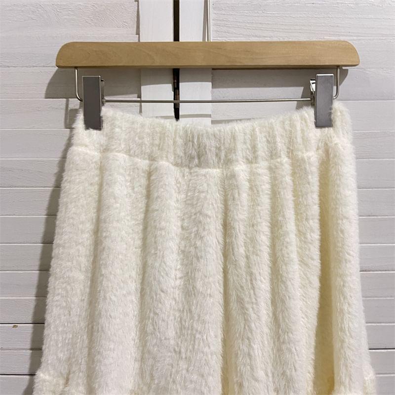 High Waist Plain Ruffle Trim Midi A-Line Skirt Product Image