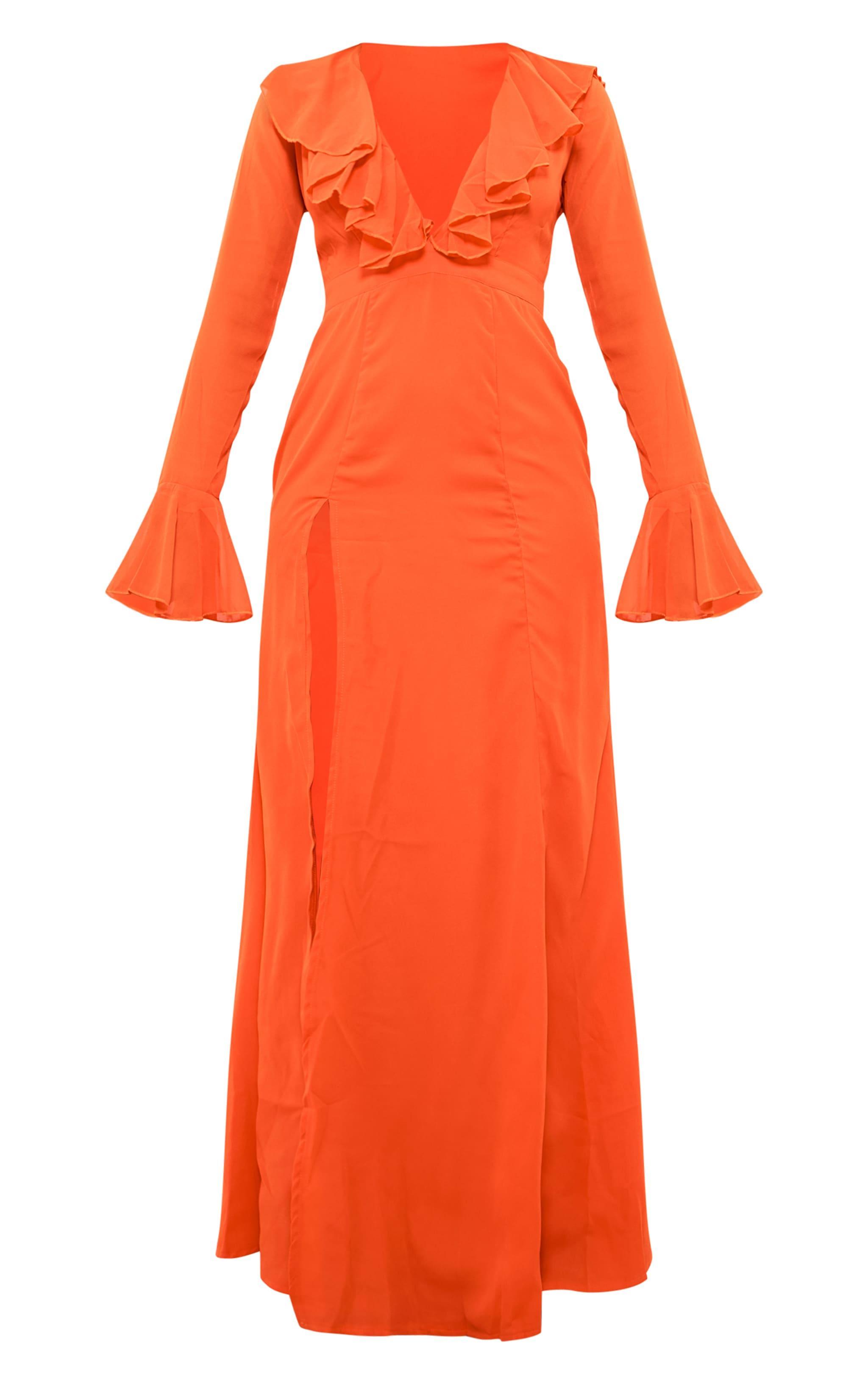 Bright Orange Plunge Frill Maxi Dress Product Image