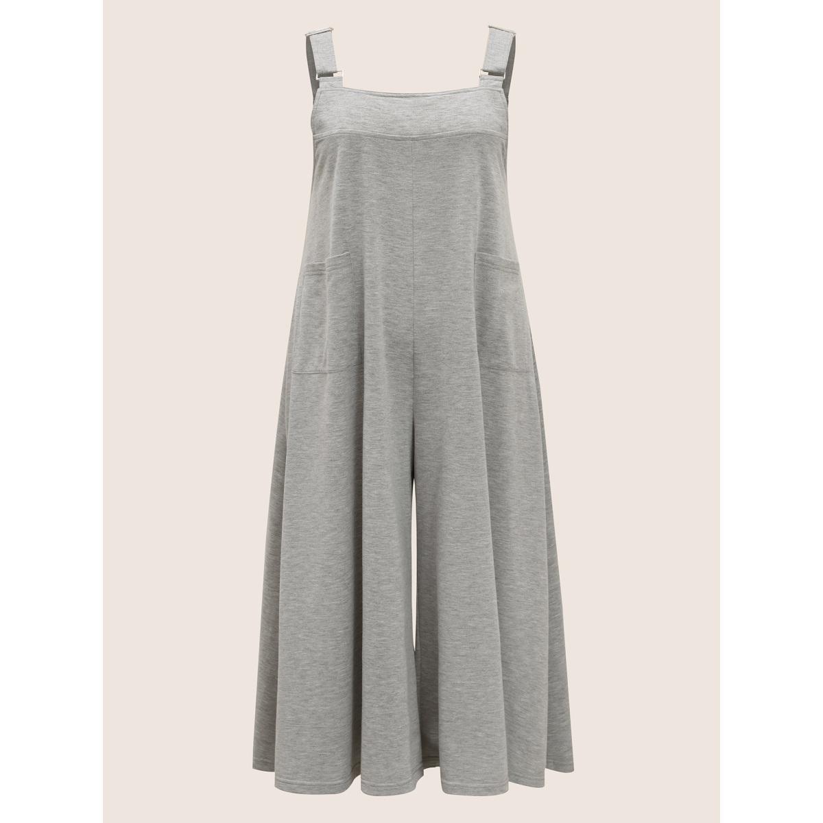 Plus Size Silver Solid Heather Patched Pocket Wide Leg Jumpsuit Women Casual Sleeveless Square Neck Everyday Loose Jumpsuits BloomChic 30/6X Product Image