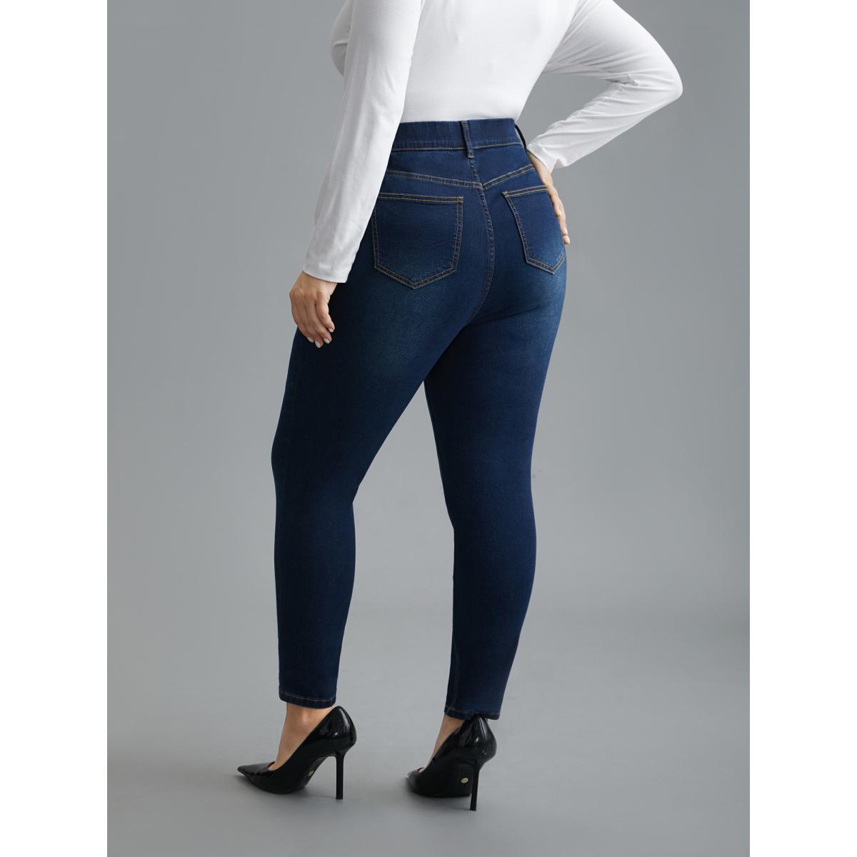 Plus Size Elastic Waist Mid Rise Skinny Jeans Women Denimindigo Elegant Medium stretch Slanted pocket Jeans BloomChic 10/M Product Image