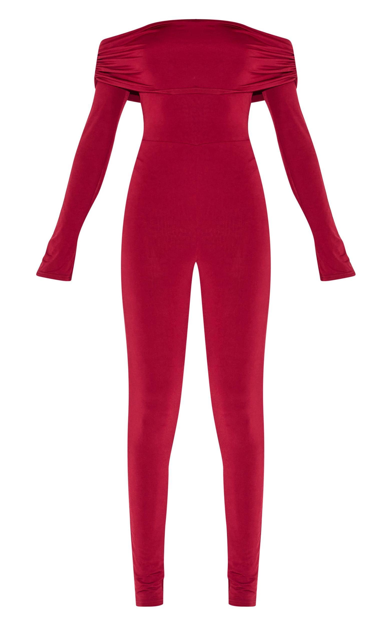  Burgundy Double Layer Slinky Bardot Skinny Jumpsuit Product Image